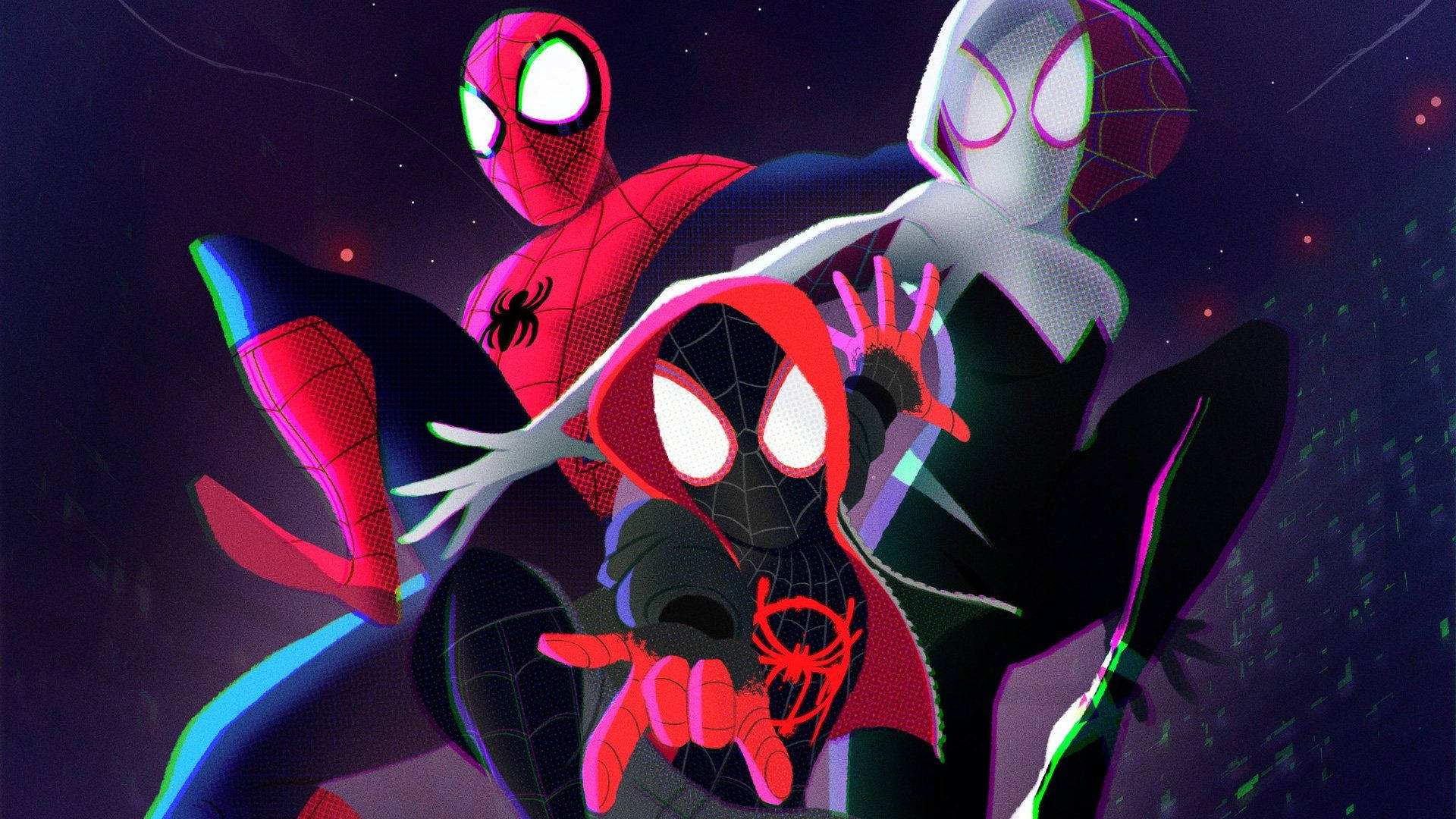Spider Gwen 桌布 壁紙 — 三位蜘蛛英雄穿著鮮豔的服裝，在星光燦爛的宇宙背景下動感地擺出姿勢，帶有發光的霓虹燈點綴。