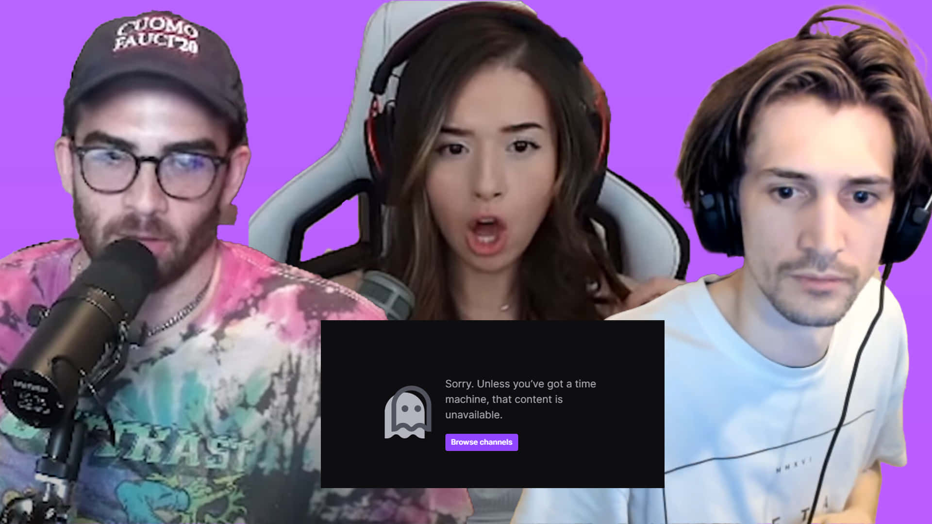 Twitch 1080 桌布 壁紙 — 三位表情震驚的串流主播對螢幕上顯示的「內容不可用」錯誤訊息作出反應。
