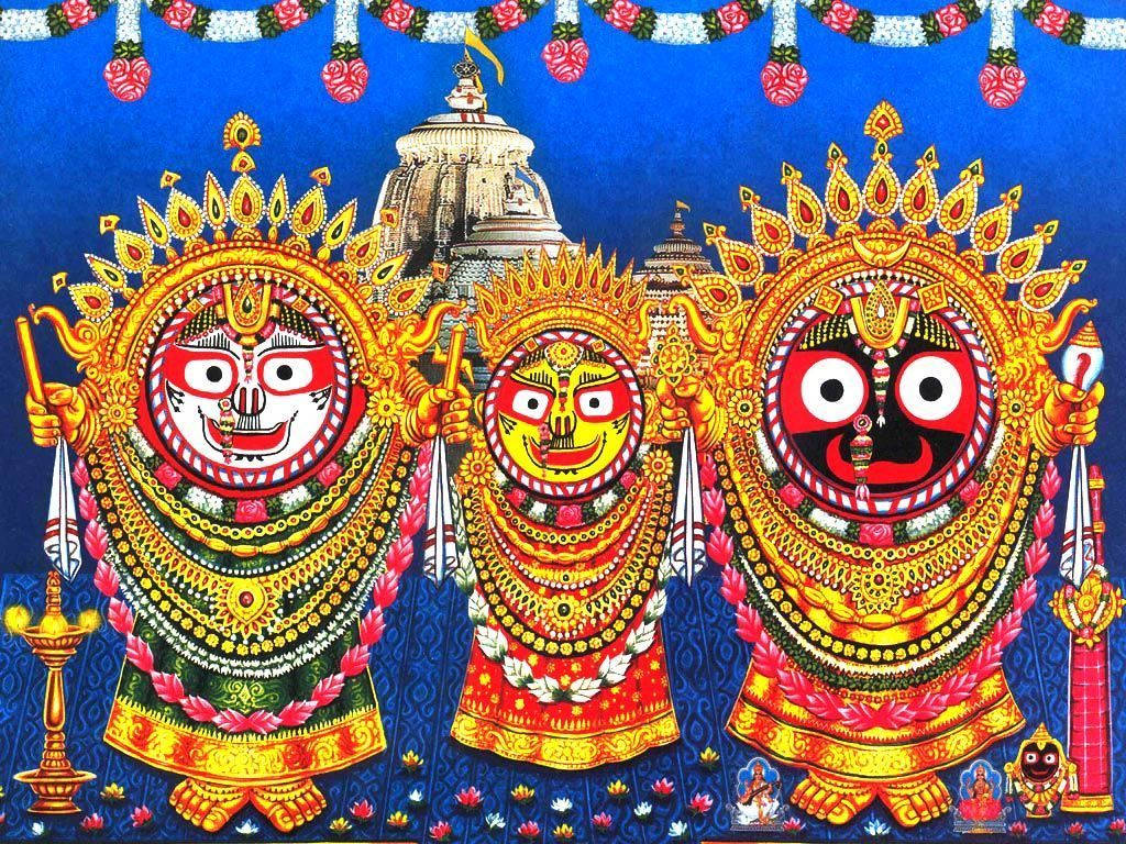 Jagannath 桌布 壁紙 — 三位裝飾華麗的印度教神祇，紅白相間的臉龐，佩戴金飾，站在深藍色背景的寺廟前。
