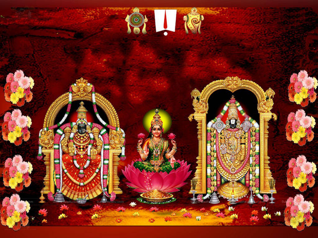 Hindu Temple 桌布 壁紙 — 三位裝飾華麗的印度教神祇，身披金紅色彩，坐在蓮花和寶座上，周圍環繞著鮮豔的粉紅、黃色和白色花朵，背景為深紅色紋理。