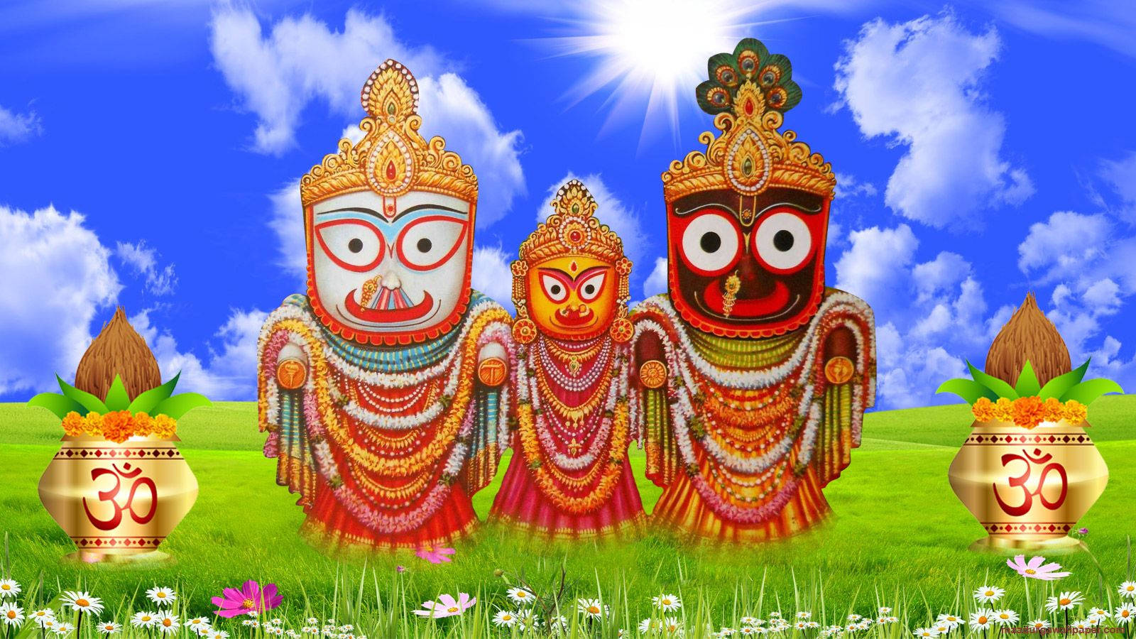 Jagannath 桌布 壁紙 — 三位裝飾華麗的印度教神祇站在一片充滿活力的綠色田野上，背景是明亮的藍天，有蓬鬆的雲朵和陽光。