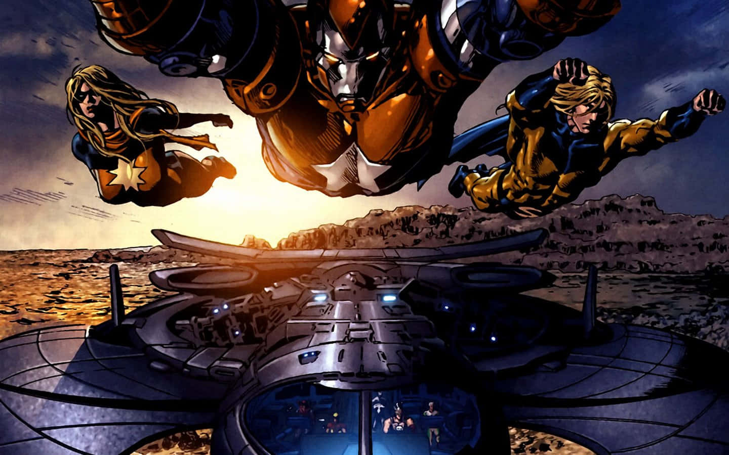 Dark Avengers 桌布 壁紙 — 三位超級英雄在日落時分，戲劇性的燈光下，翱翔於沙漠中一艘未來風格的太空船之上。