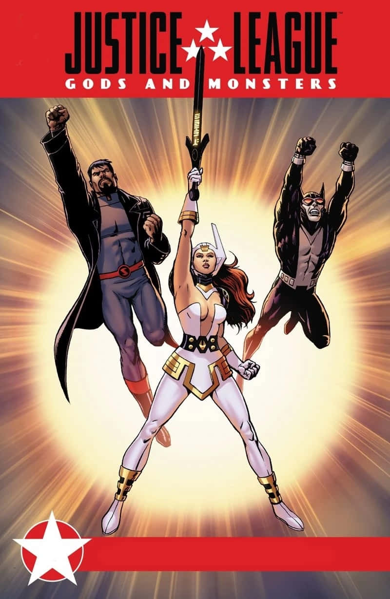 Justice League Gods And Monsters 桌布 壁紙 — 三位超級英雄在漫畫書封面上，以動感姿態翱翔於燦爛的太陽光線背景前。