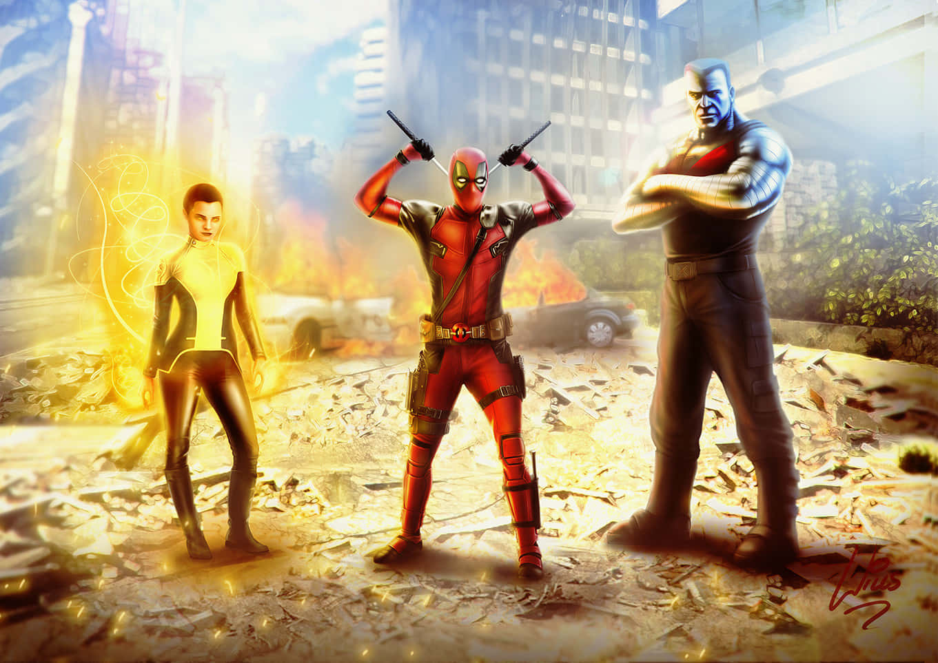 Deadpool And Negasonic Teenage Warhead 桌布 壁紙 — 三位超級英雄在陽光明媚、瓦礫遍佈的城市街道上，背後有燃燒的汽車和高聳的建築物，挑釁地站立著。