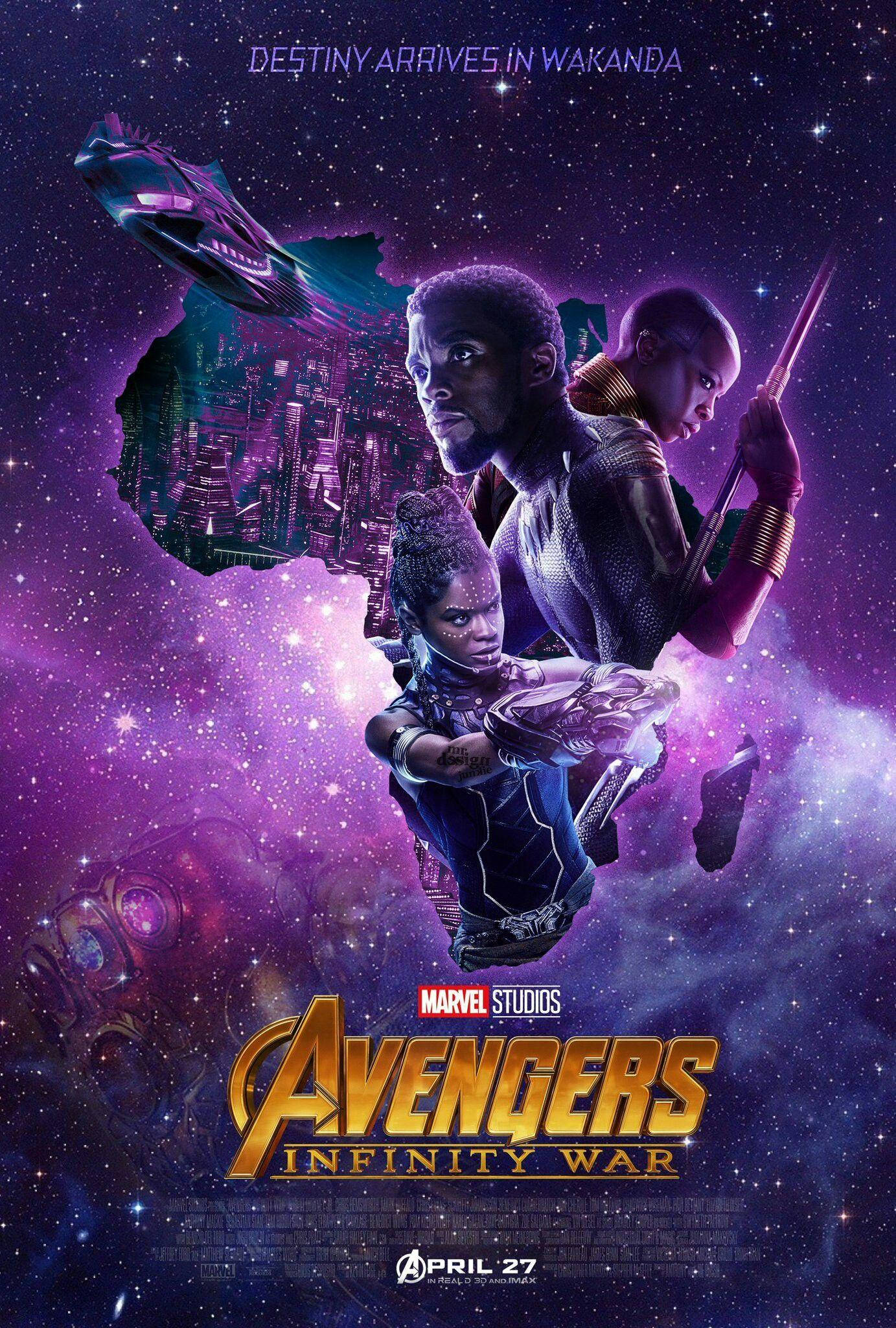 Shuri 桌布 壁紙 — 三位超級英雄漂浮在宇宙紫色星雲中，背後可見瓦干達的城市景觀和太空船。