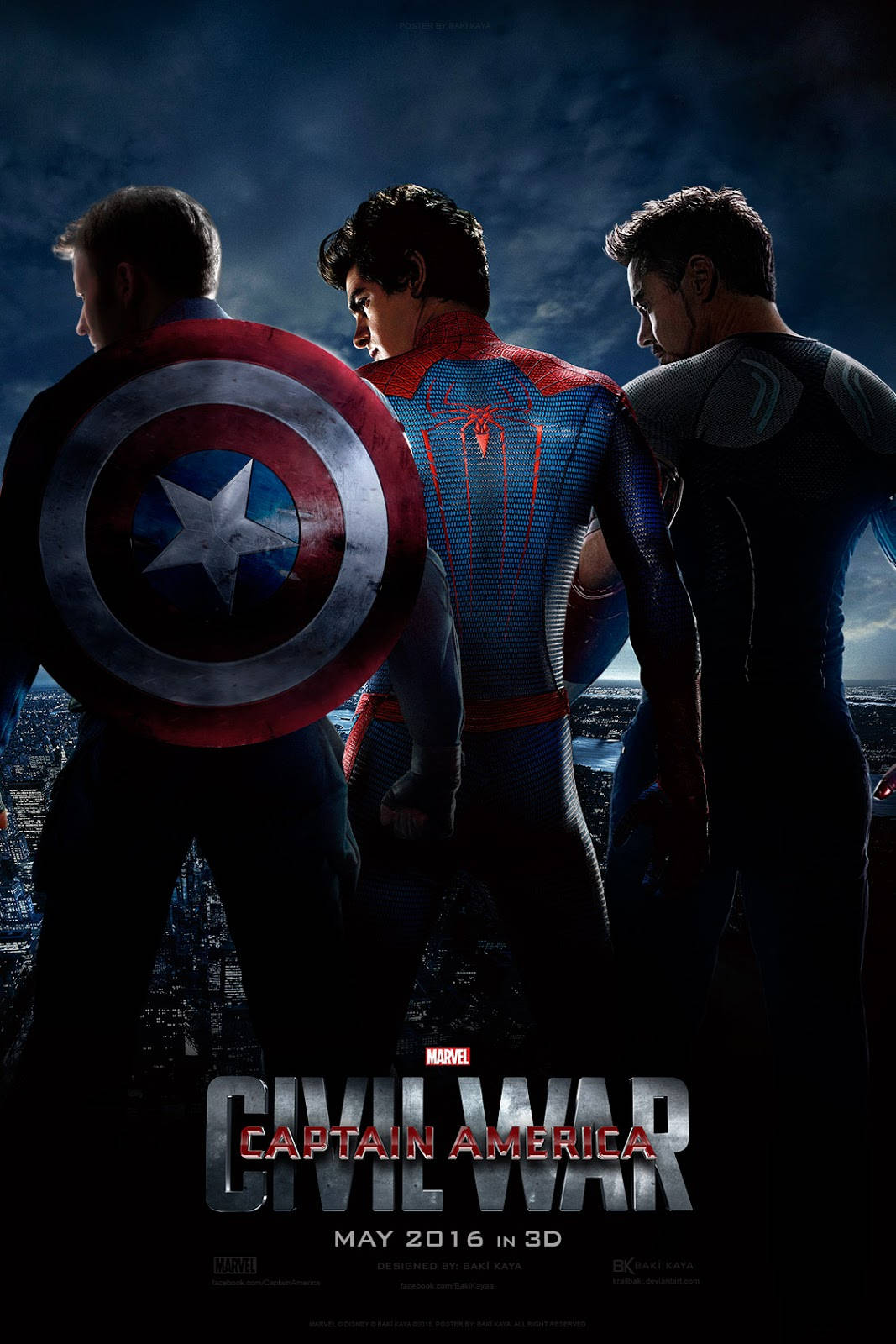 Best Captain America 桌布 壁紙 — 三位超級英雄美國隊長、蜘蛛人和鋼鐵人背靠背站立，俯瞰暴風雨天空下的城市。