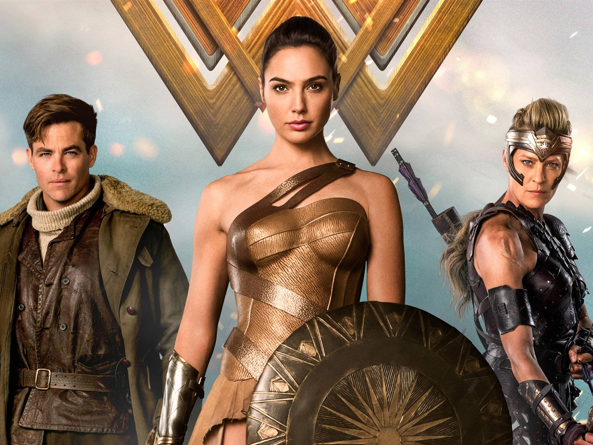 Wonder Woman 桌布 壁紙 — 三位超級英雄英勇地站在發光的金色「W」標誌前，火花在他們周圍飛舞。