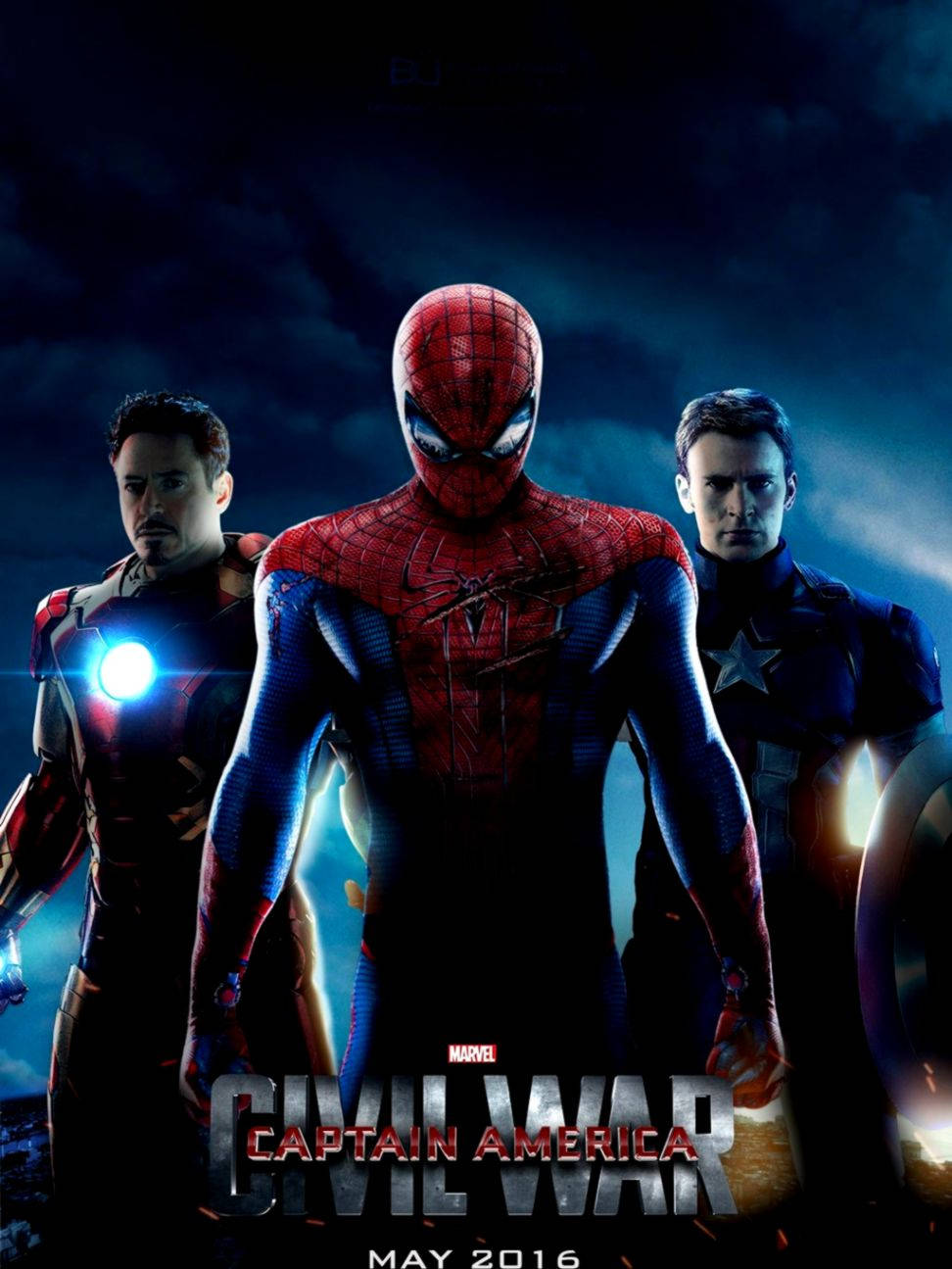 Best Captain America 桌布 壁紙 — 三位超級英雄鋼鐵人、蜘蛛人和美國隊長站在戲劇性的深藍色暴風雨天空中，穿著發光的盔甲，表情嚴肅。