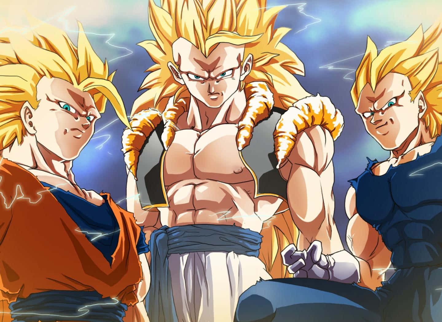 Saiyan 桌布 壁紙 — 三位超級賽亞人戰士，擁有尖刺金色頭髮和強烈表情，在閃電交加的暴風雨天空下強勢站立。