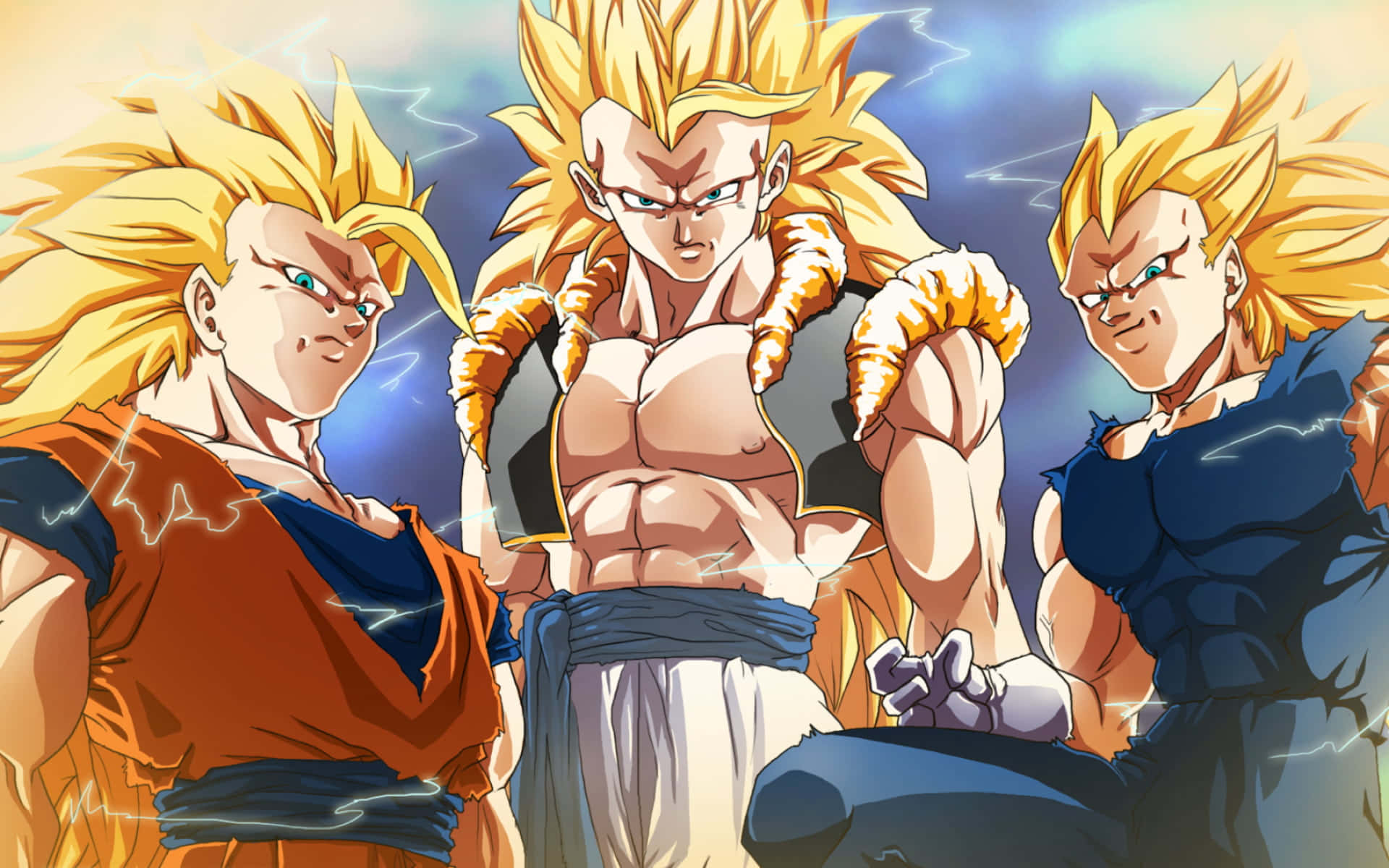 Gogeta And Vegito 桌布 壁紙 — 三位超級賽亞人戰士，擁有尖刺金色頭髮和發光眼睛，在雷電交加的暴風雨中強勢站立。