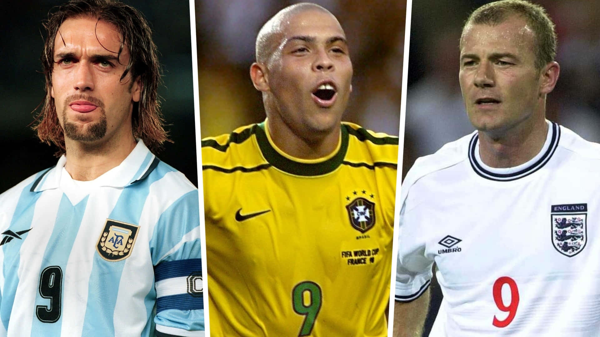Ronaldo 桌布 壁紙 — 三位足球傳奇人物身穿各自國家隊的九號球衣，捕捉比賽中的激烈瞬間。
