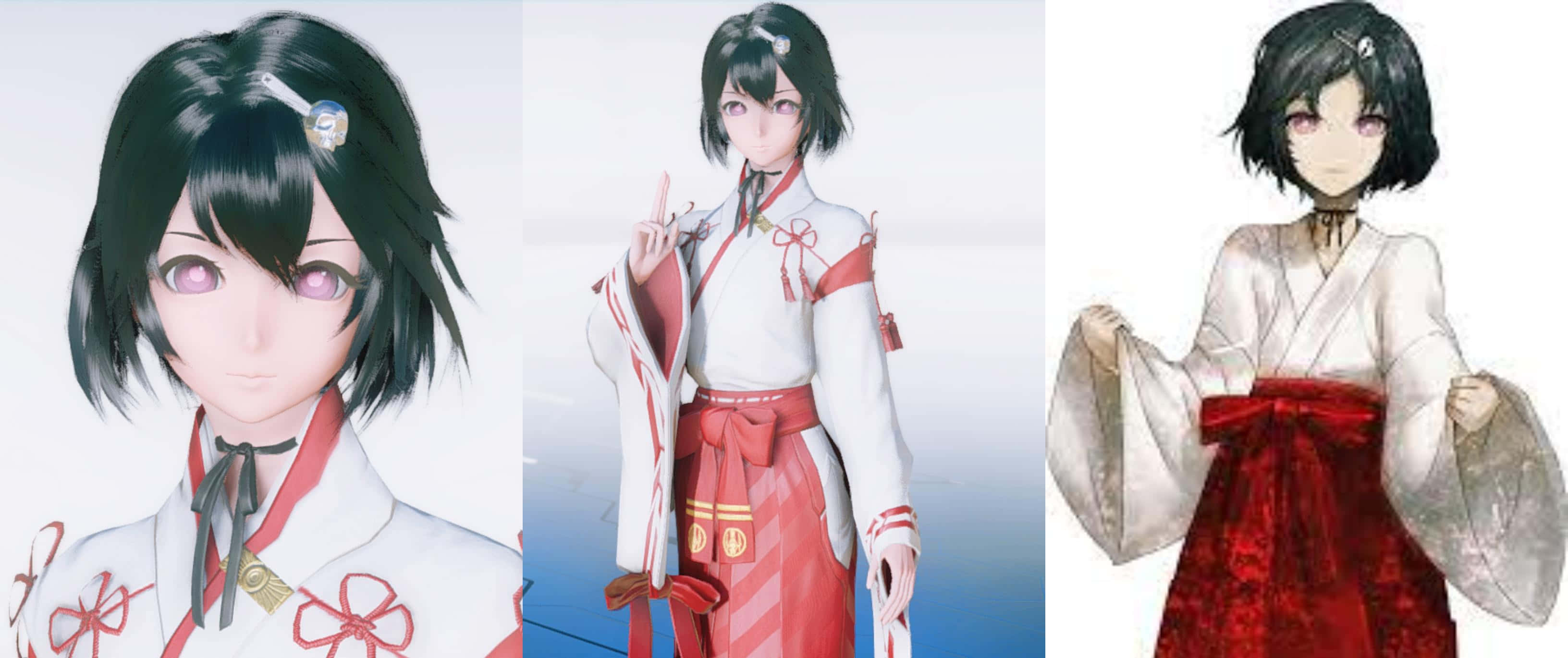 Ruka Urushibara 桌布 壁紙 — 三位身穿傳統日本服飾的動漫女孩，在柔和背景前擺出不同的表情和姿勢。