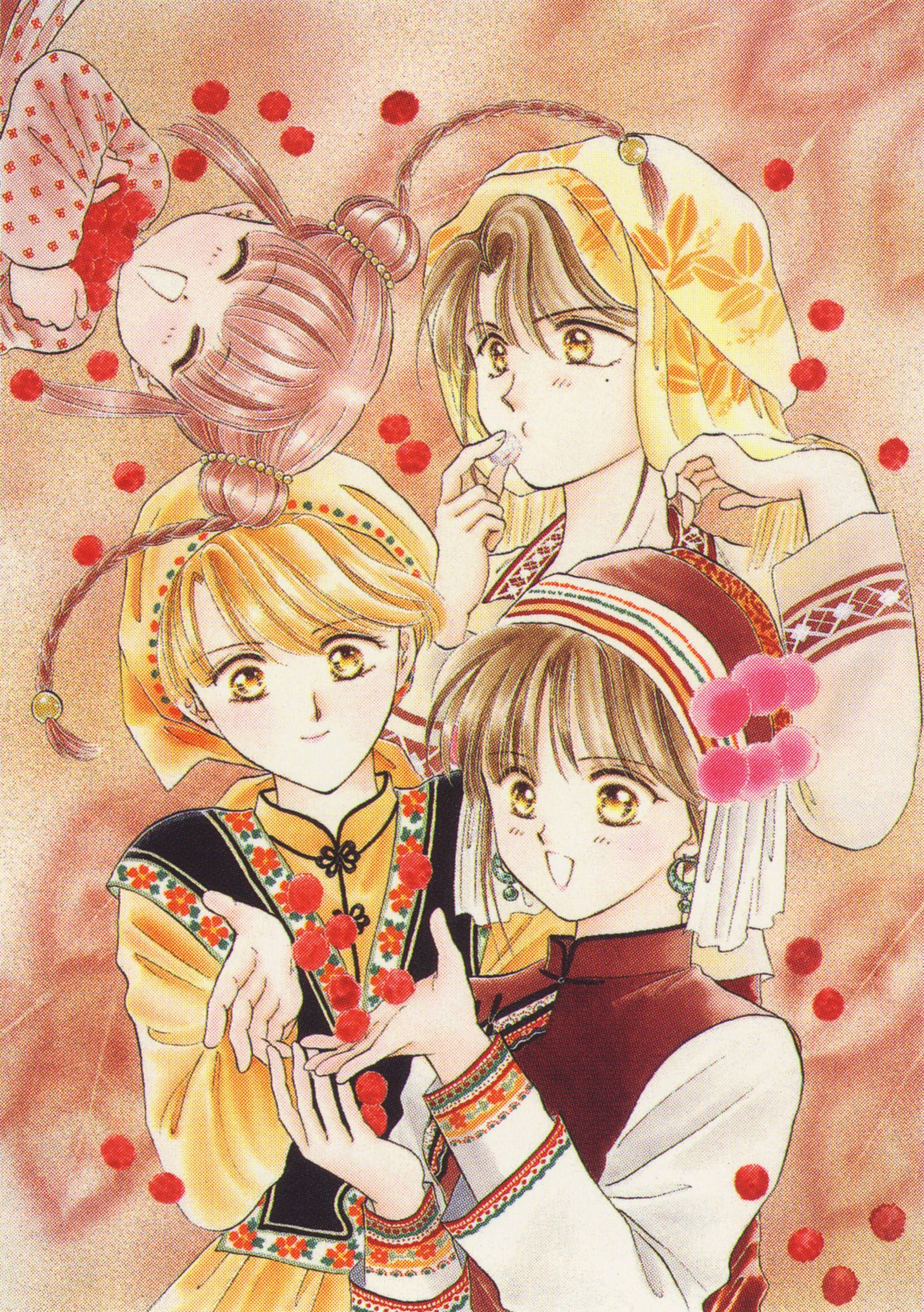 Fushigi Yuugi 桌布 壁紙 — 三位身穿傳統民族服飾、帶有紅色花卉點綴的動漫女孩，在柔和的粉紅色紋理背景上溫暖地微笑。