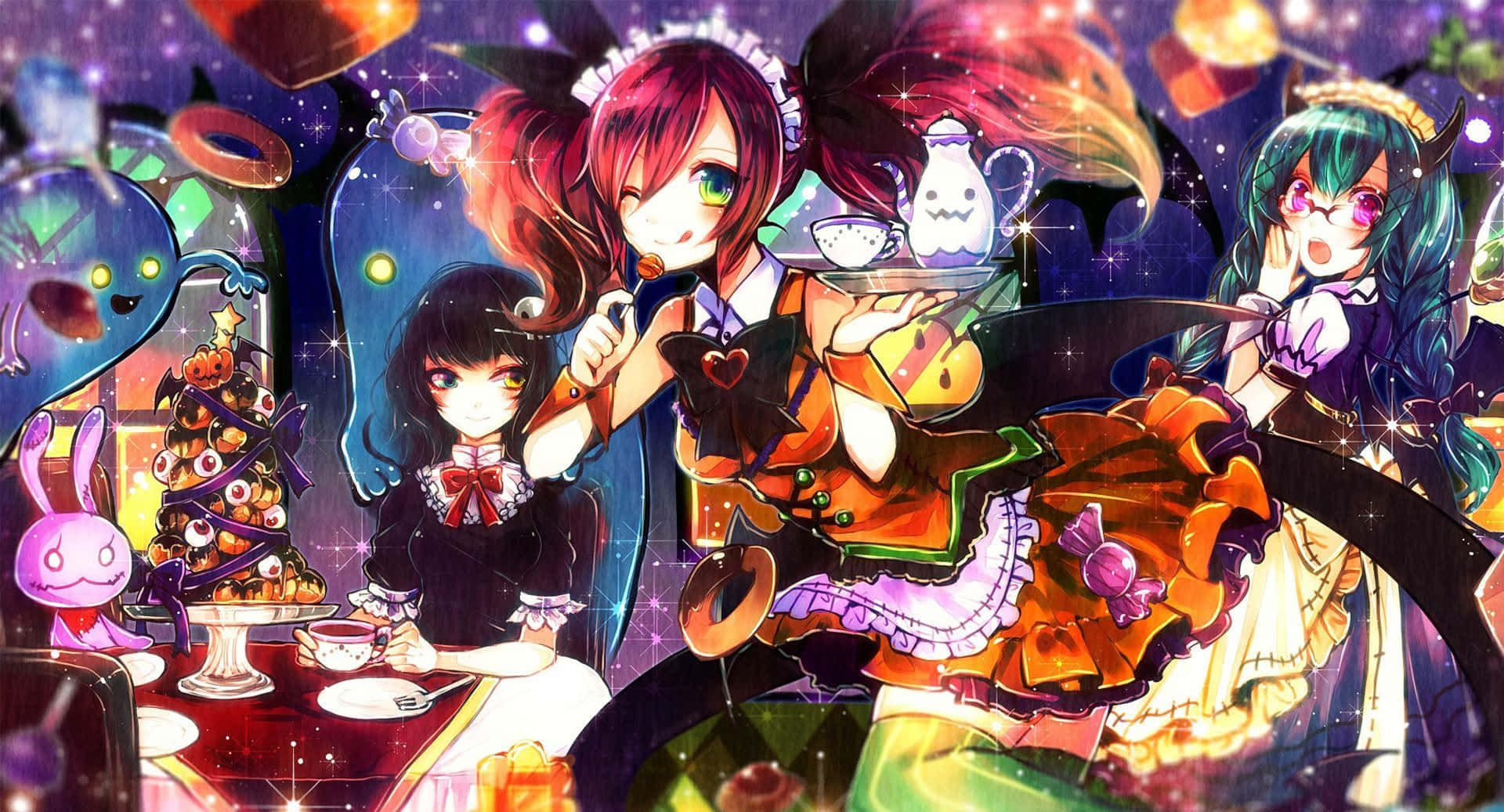 Thanksgiving Desktop 桌布 壁紙 — 三位身穿女僕裝的動漫少女在魔法星空房間中，於漂浮的甜點和發光生物之間奉茶。