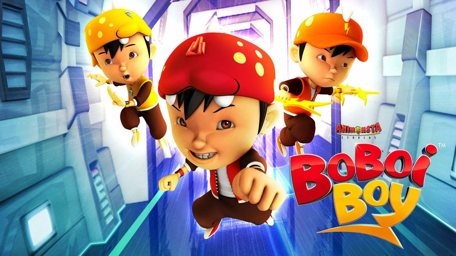 Cartoon Boy 桌布 壁紙 — 三位身穿彩色斗篷的動畫英雄，帶著發光的藍色能量軌跡，動態地跳躍穿過未來主義的城市景觀。