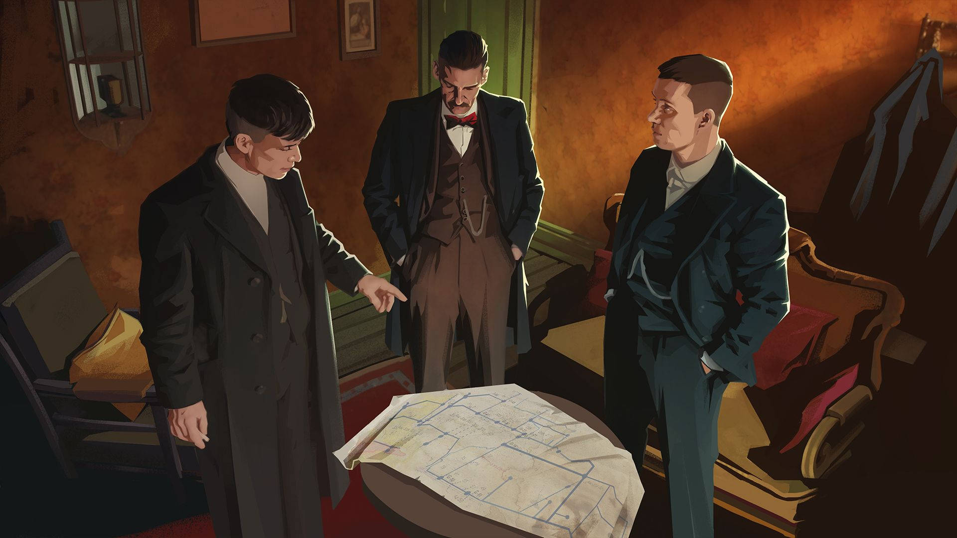 三位穿西裝的男士在昏暗的房間裡研究藍圖。 — Peaky Blinders 壁紙