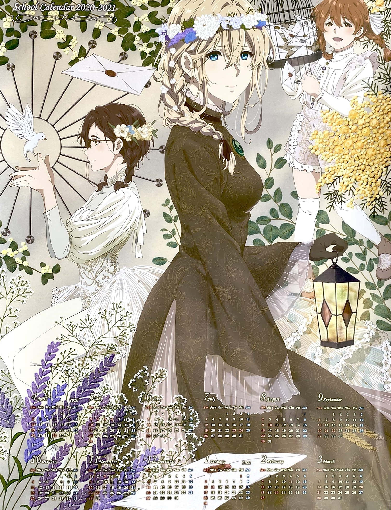 Isabella York 桌布 壁紙 — 三位身穿復古連衣裙的動畫女孩，置身於花卉花環和發光燈籠之中，採用日曆佈局。
