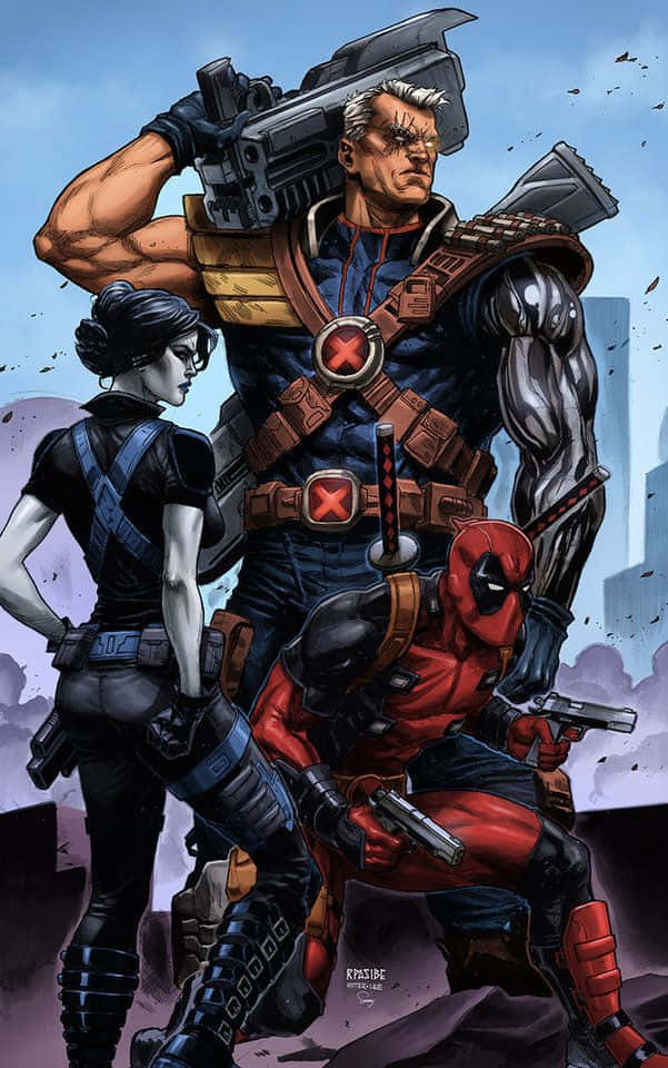 Deadpool And Domino 桌布 壁紙 — 三位身穿戰術裝備的漫畫英雄，準備在城市天際線背景下作戰。