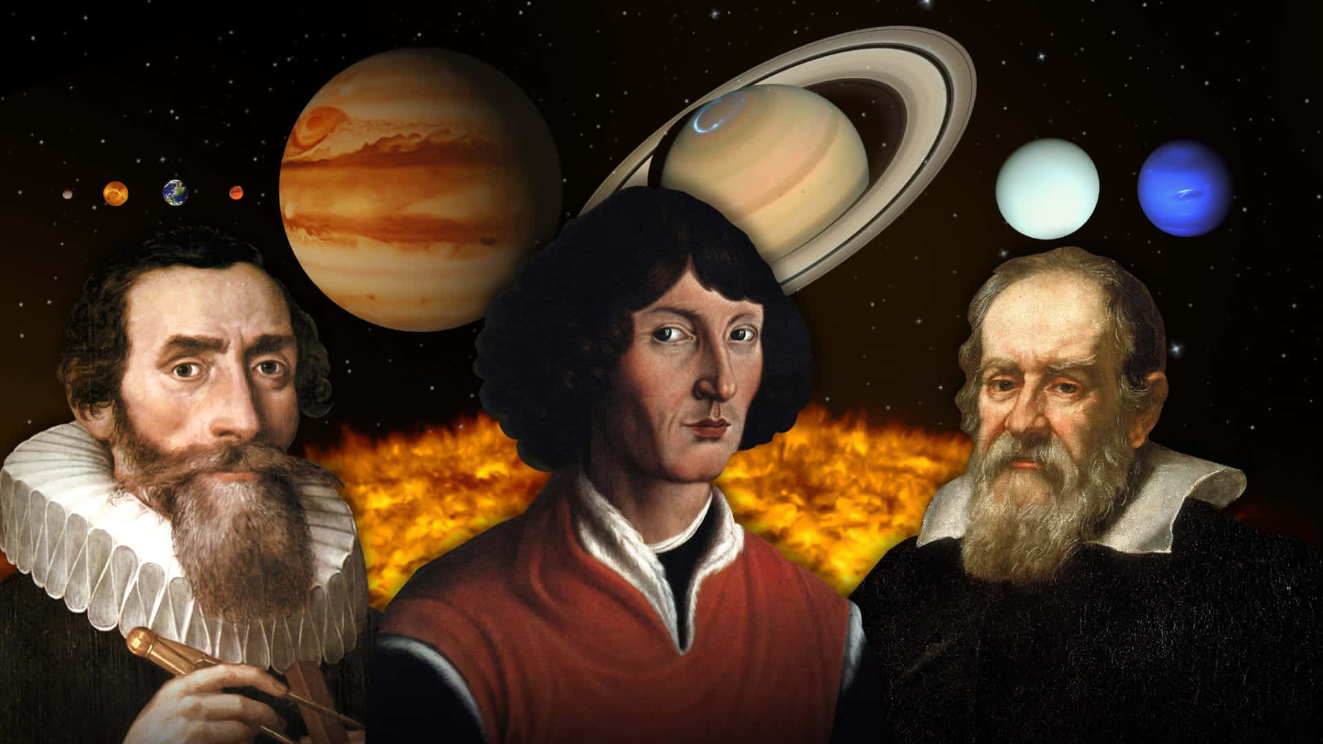 astronomy 桌布 壁紙 — 三位身穿文藝復興時期服飾的歷史人物，站在以木星、土星及其他行星為背景的星空宇宙場景前。