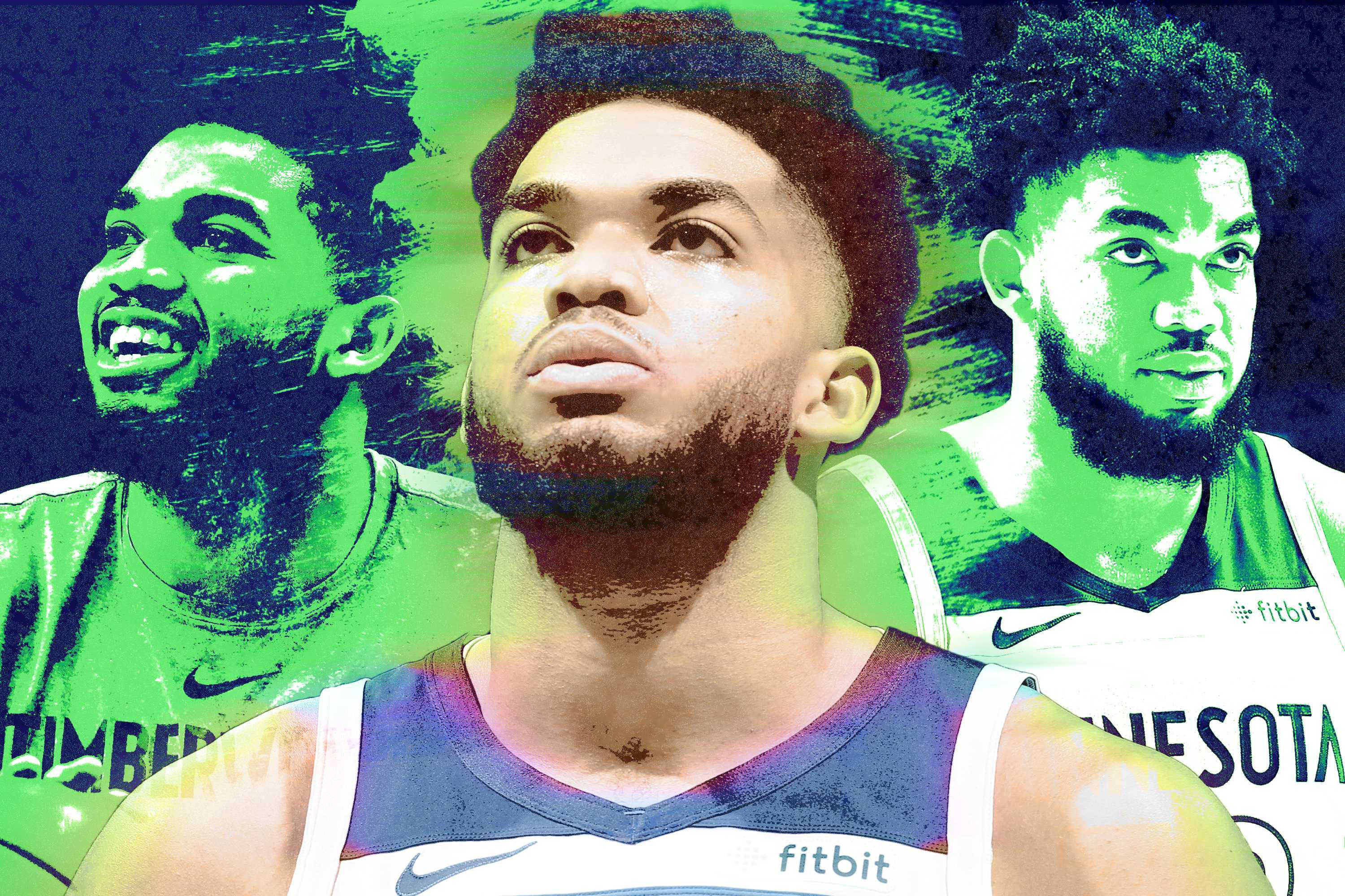 karl-anthony towns 桌布 壁紙 — 三位身穿明尼蘇達灰狼隊球衣的籃球運動員，以風格化的綠色和藍色圖形肖像呈現。