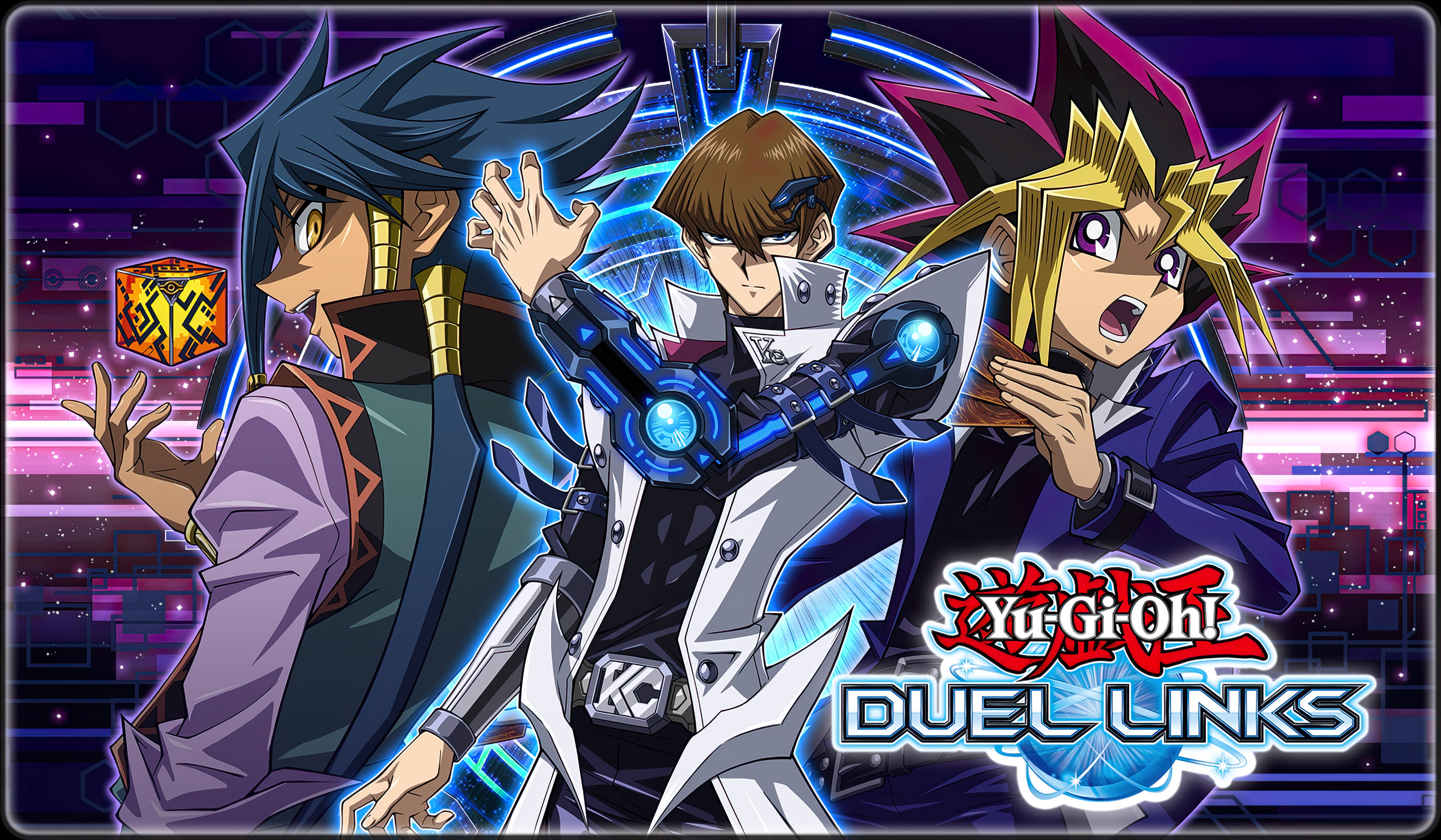 kaiba 桌布 壁紙 — 三位身穿未來裝備的動畫決鬥者，在霓虹賽博龐克城市景觀中，以發光卡片對決。