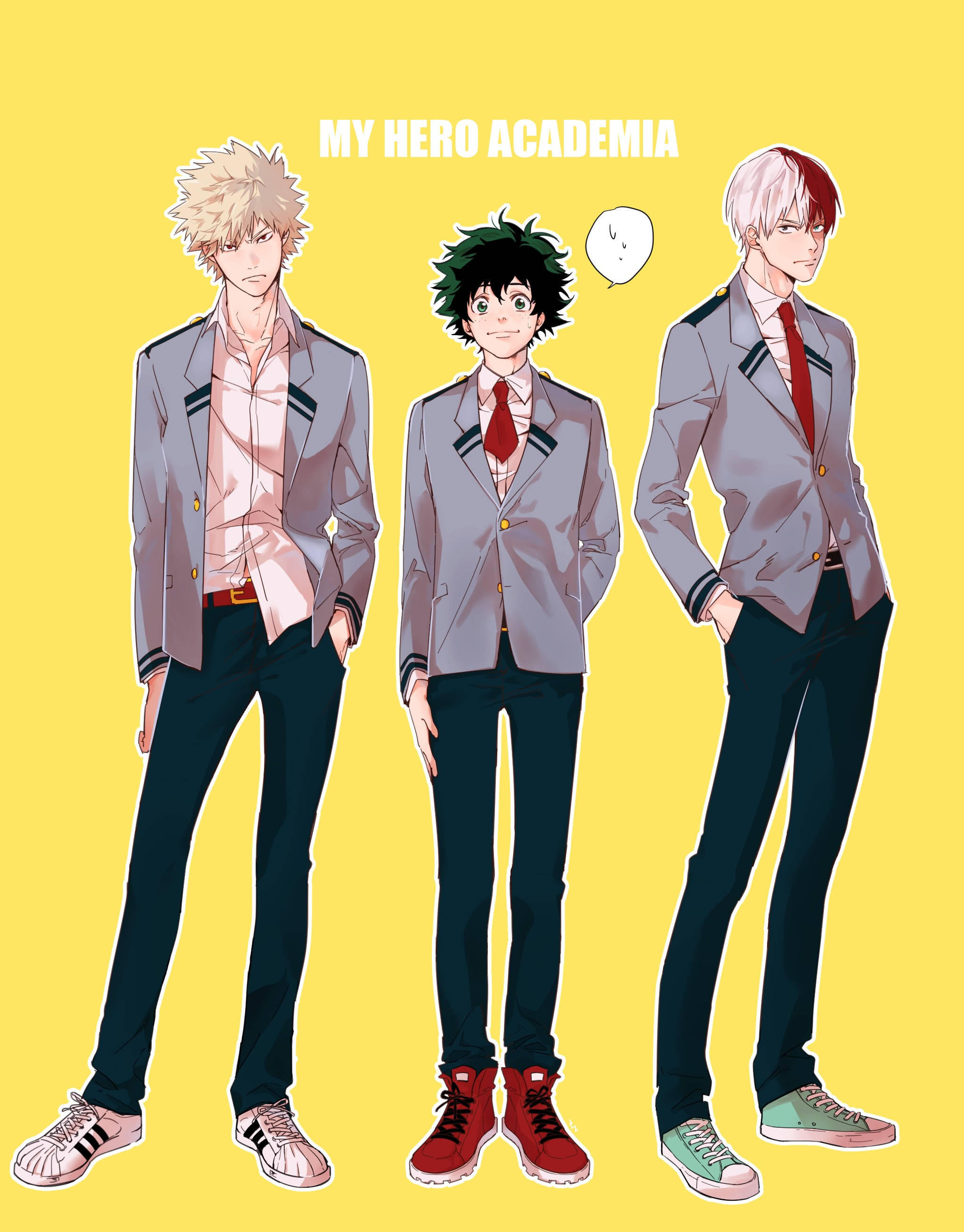 Deku X Todoroki X Bakugou 桌布 壁紙 — 三位身穿校服的動畫英雄自信地站在明亮的黃色背景前，帶有「我的英雄學院」文字。