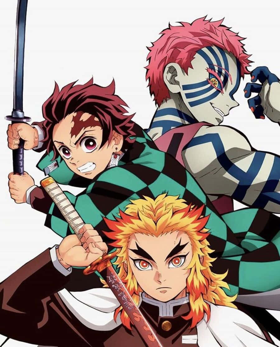 Rengoku And Tanjiro 桌布 壁紙 — 三位身穿格紋羽織、手持刀劍的動漫戰士，表情凌厲，準備戰鬥。