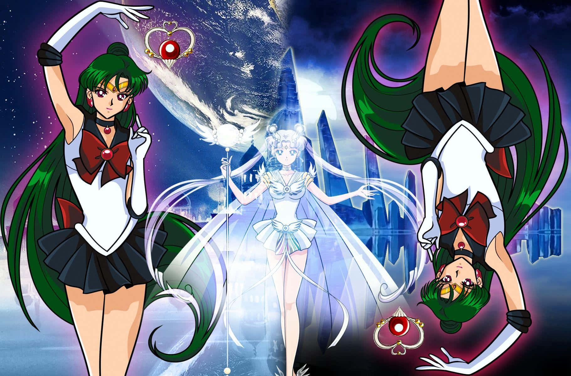 Sailor Pluto 桌布 壁紙 — 三位身穿水手服的動畫女主角在發光能量效果的宇宙城市景觀前動感擺姿勢。