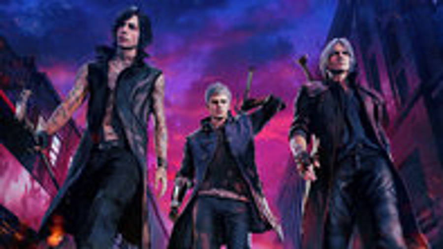 Devil May Cry 5 桌布 壁紙 — 三位身穿深色衣服的戰士在夜間英勇地站在充滿活力的紫色和粉紅色霓虹燈城市景觀前。