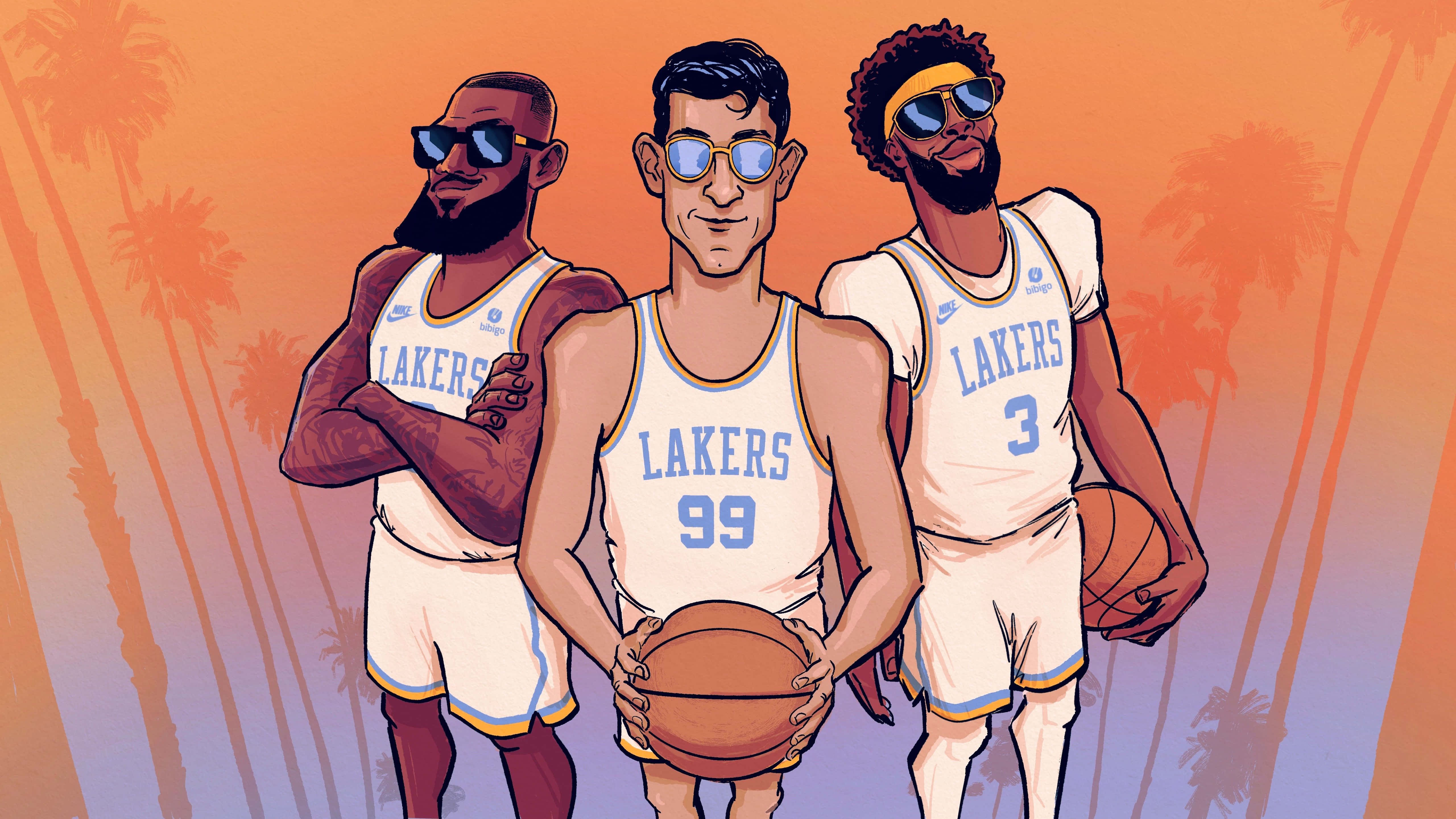 Best NBA 桌布 壁紙 — 三位身穿湖人隊球衣的插畫籃球運動員，在溫暖的日落棕櫚樹背景下自信地擺姿勢。