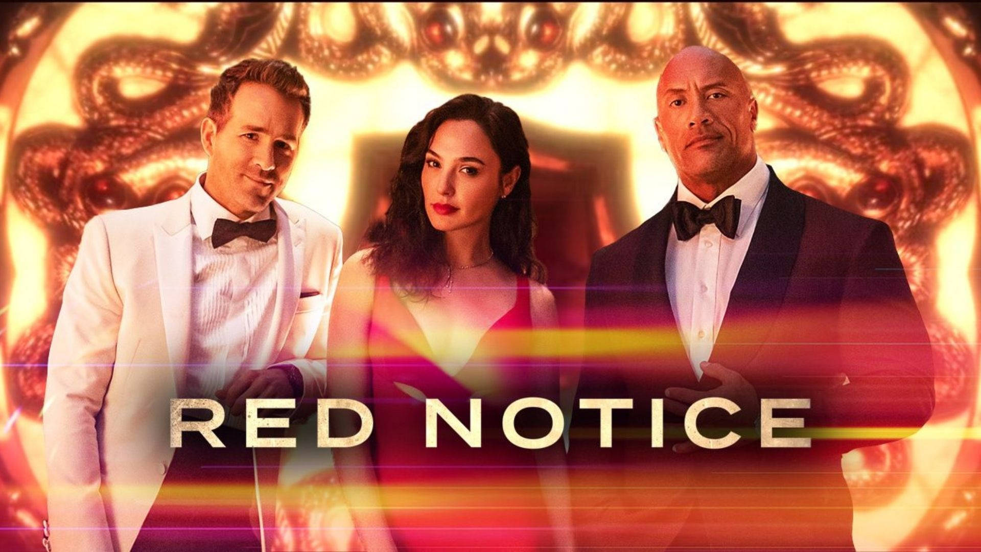 Notice 桌布 壁紙 — 三位身穿燕尾服的魅力男演員站在火熱的金色章魚背景前，下方有發光的「RED NOTICE」文字。