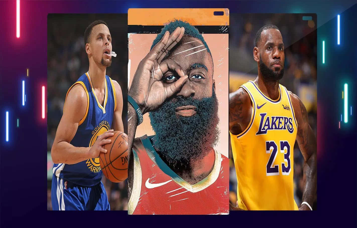 Best NBA 桌布 壁紙 — 三位身穿球隊球衣的籃球明星在充滿活力的霓虹燈背景前擺姿勢，背景有發光的垂直燈光。