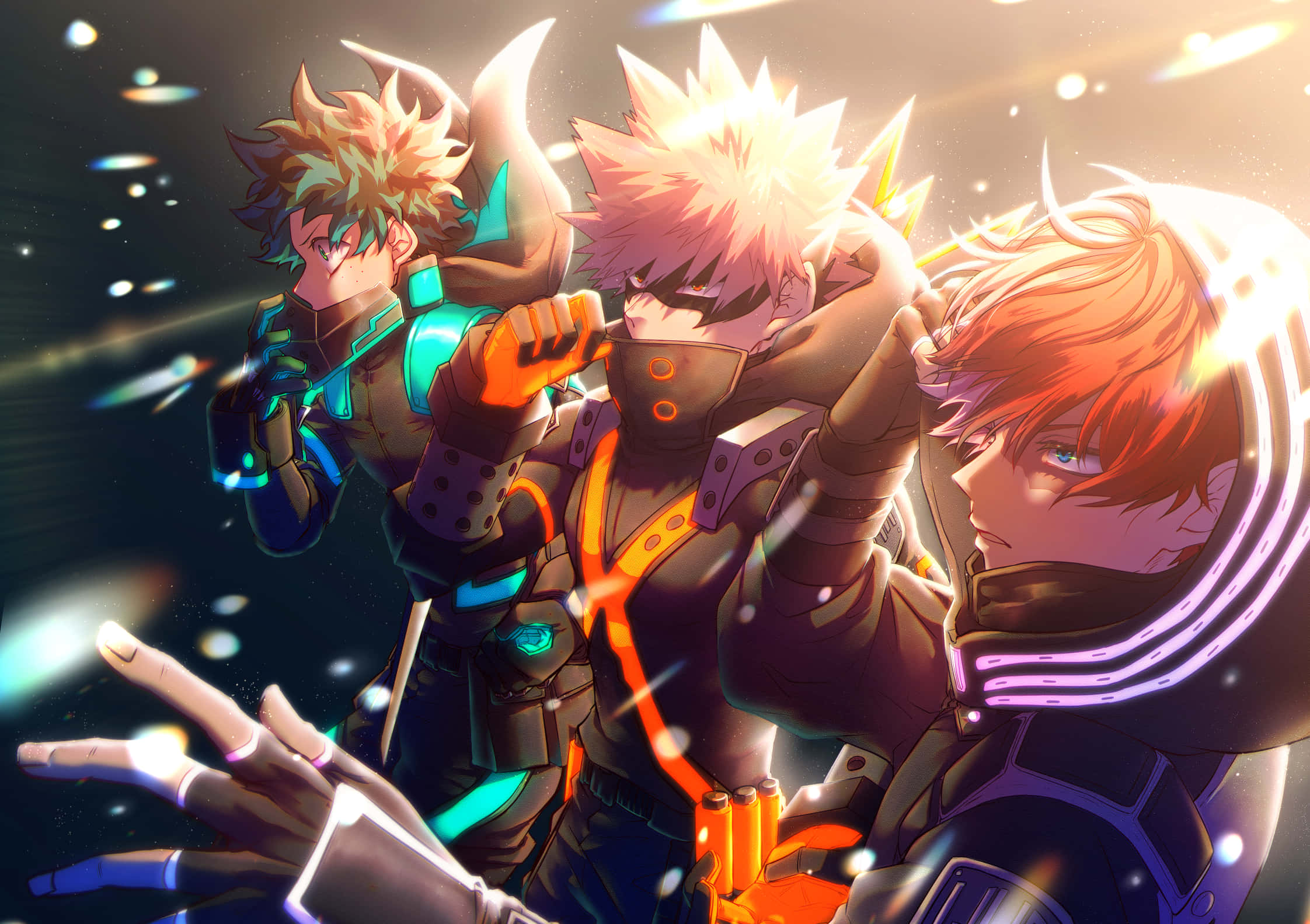 Deku And Todoroki 桌布 壁紙 — 三位身穿發光未來裝甲的動漫英雄，在星光燦爛的宇宙背景下，伴隨著耀眼的光效，英勇地站立著。