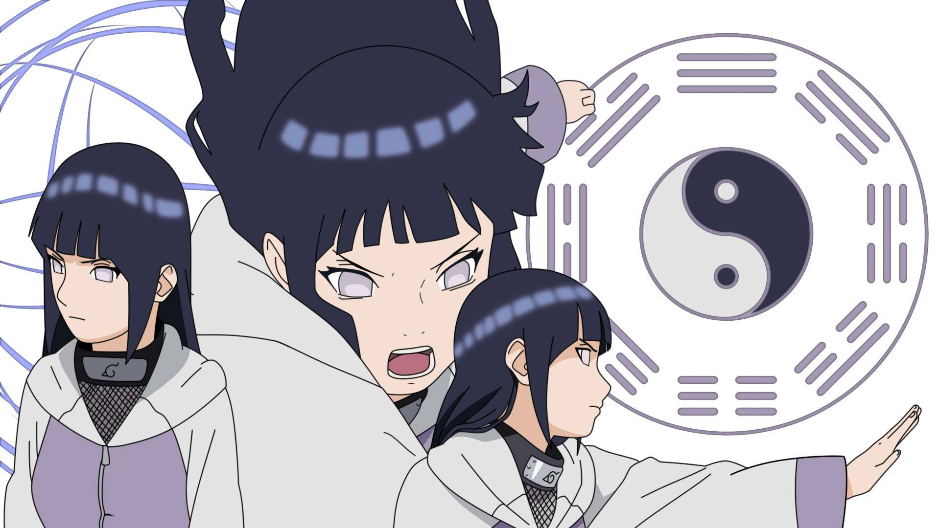 Hinata Hyuga 桌布 壁紙 — 三位身穿白色長袍的動漫女忍者站在帶有八卦的陰陽符號前，其中一位表情激烈地大喊。