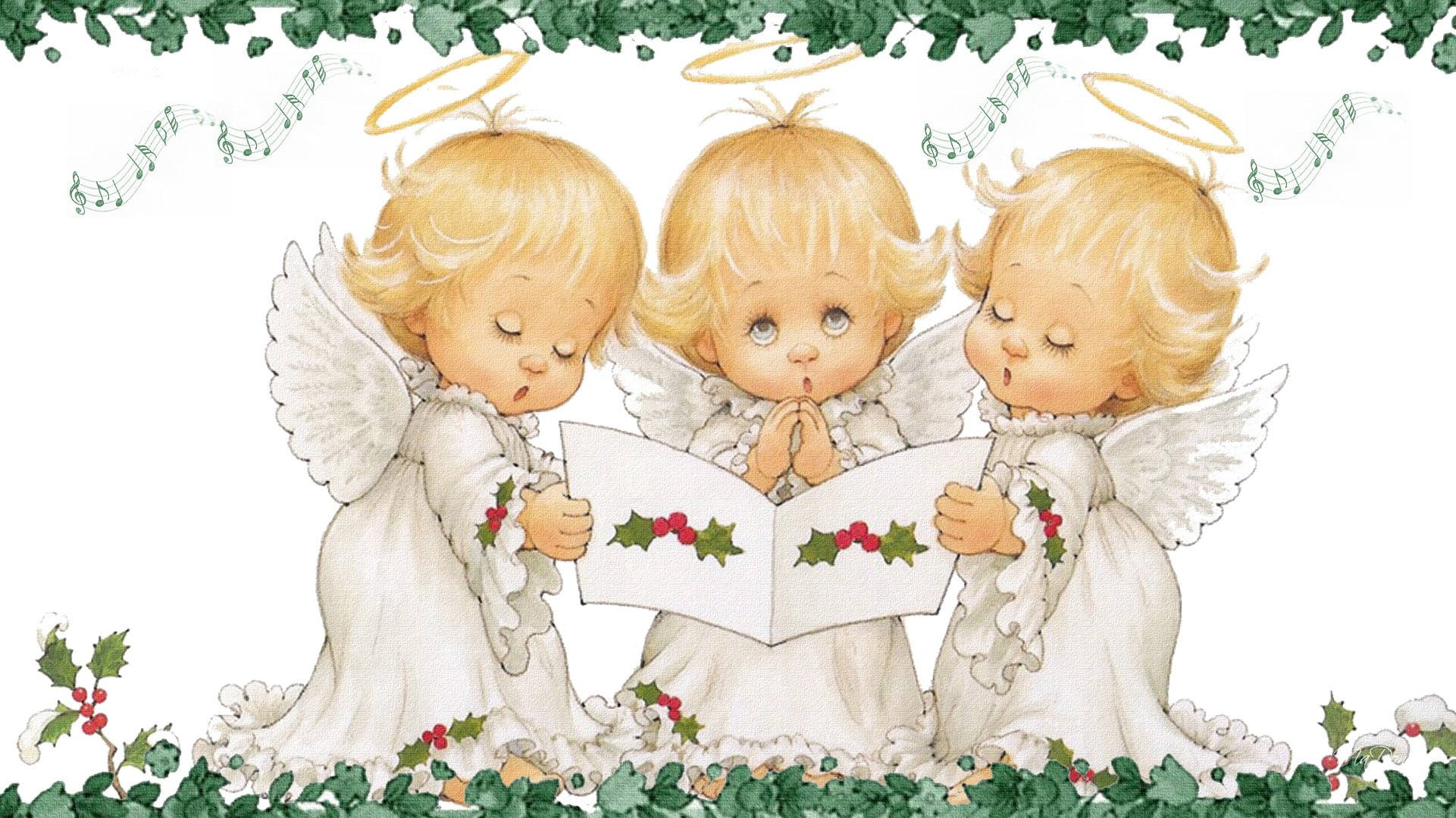 angels 桌布 壁紙 — 三位身穿白袍、頭頂光環的天使般小天使，從一本飾有冬青的讚美詩集中歌唱，周圍環繞著節日綠植。