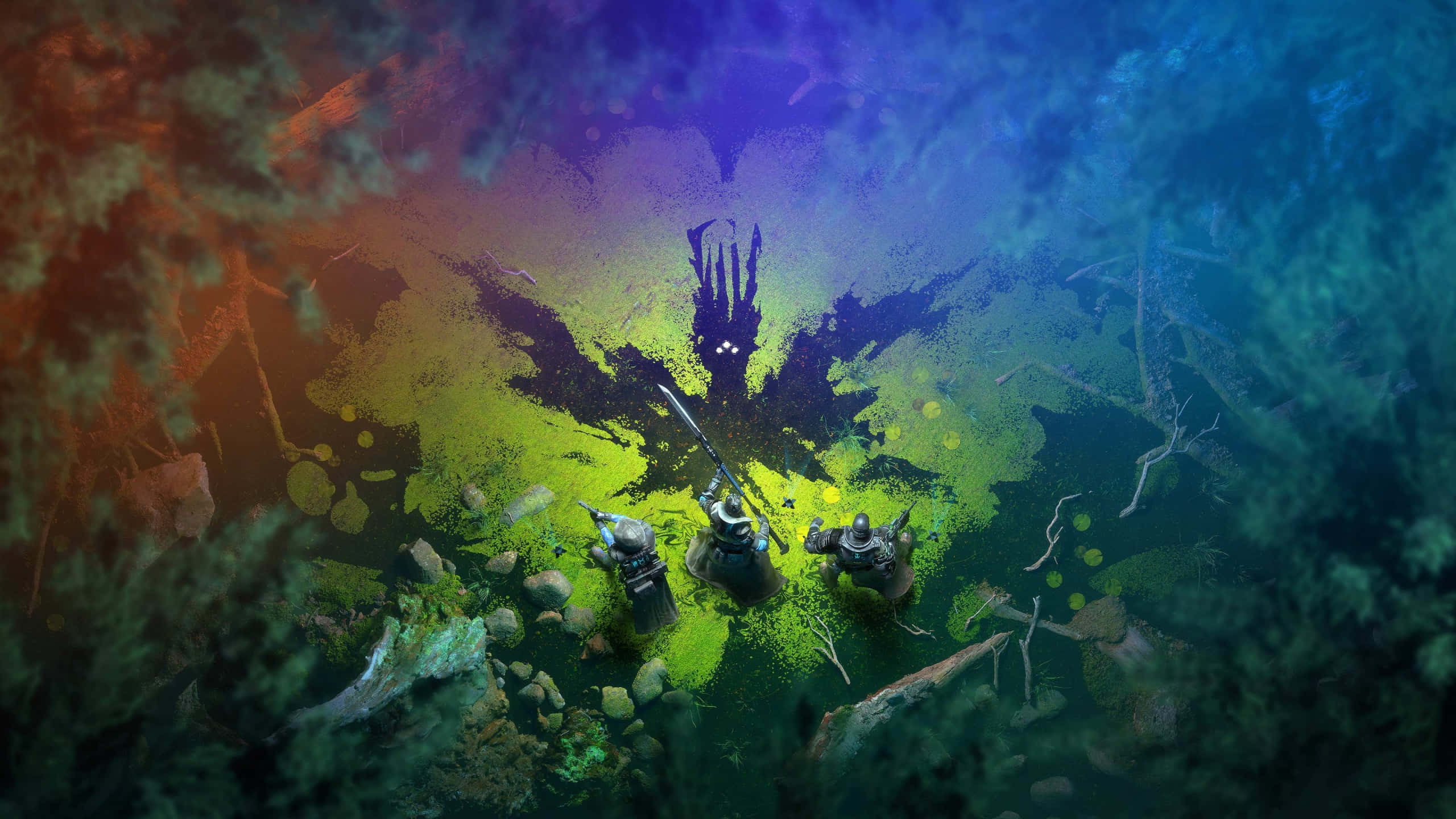 Witchy Desktop 桌布 壁紙 — 三位身穿盔甲的冒險者站在神秘的森林空地中，發光的綠色和紫色魔法光環環繞著一個若隱若現的陰影人物。