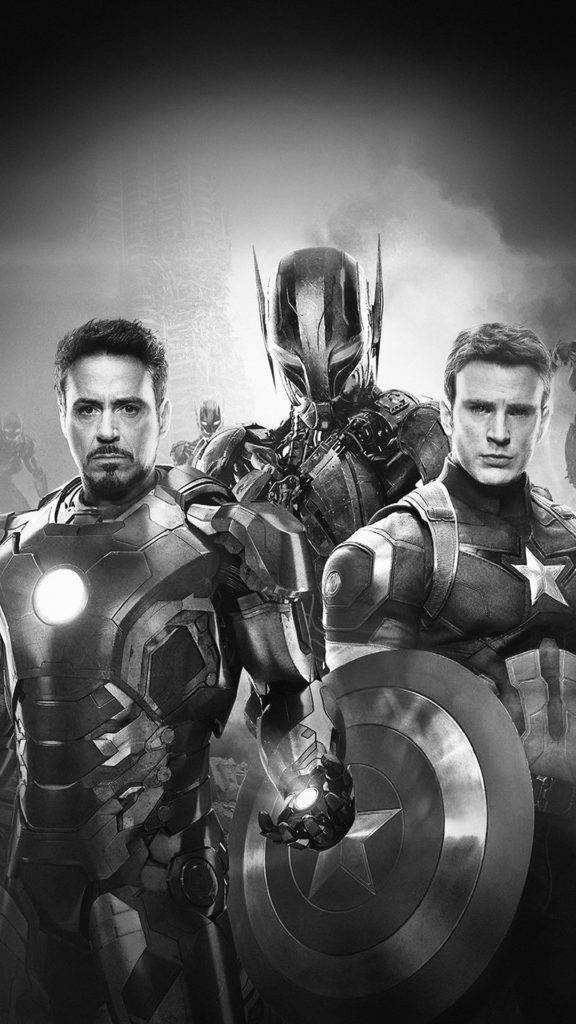 Avengers Phone 桌布 壁紙 — 三位身穿精細盔甲的超級英雄，在煙霧繚繞的背景中以發光元素擺出戲劇性的單色姿勢。