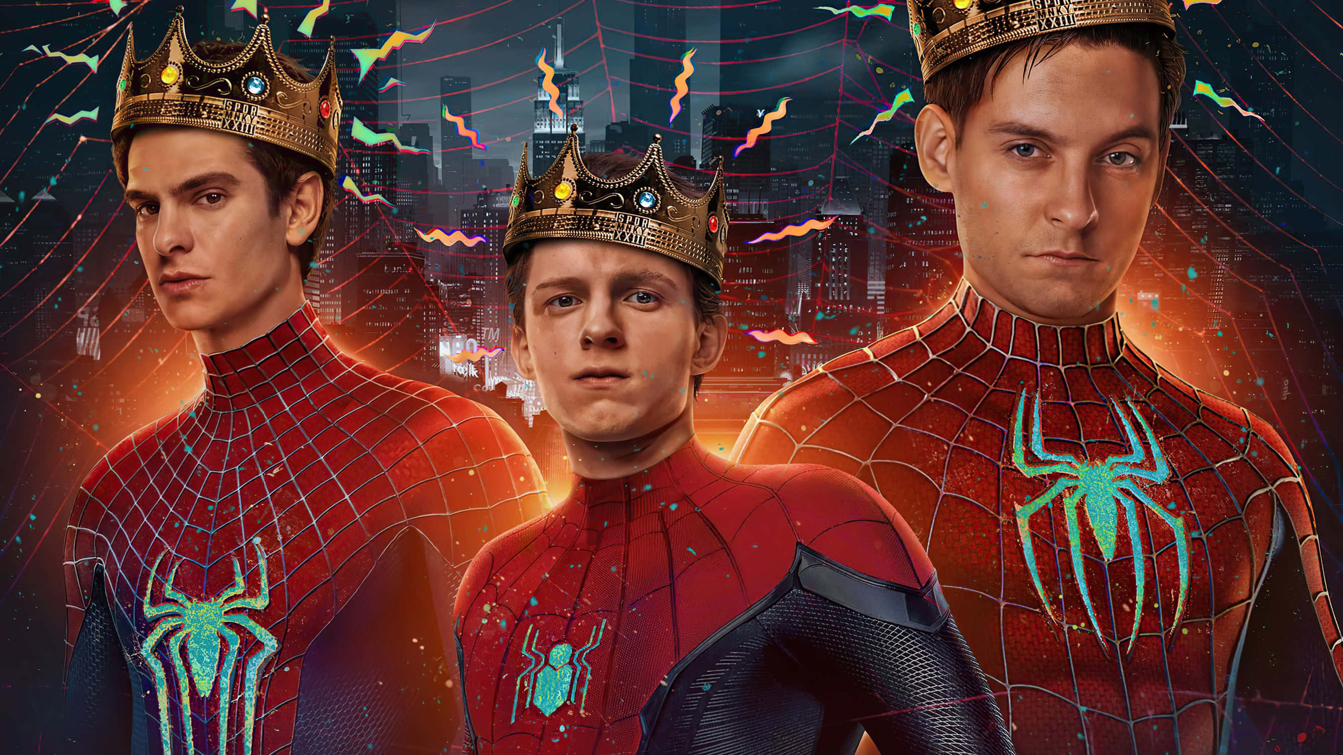 Andrew Garfield Spider Man 桌布 壁紙 — 三位身穿紅色戰衣的蜘蛛人英雄戴著皇冠，背景是發光的霓虹城市景觀和漂浮的蜘蛛網。