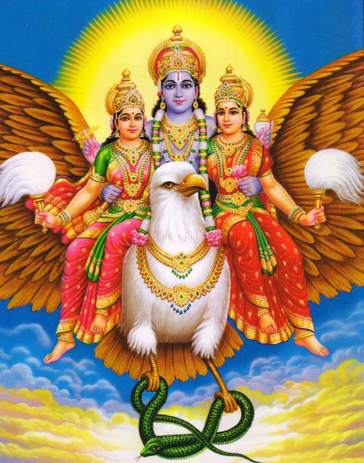 Vishnu 桌布 壁紙 — 三位身穿華麗服飾的神聖人物騎著一隻雄偉的白鷹，背景是燦爛的太陽和佈滿雲朵的天空。
