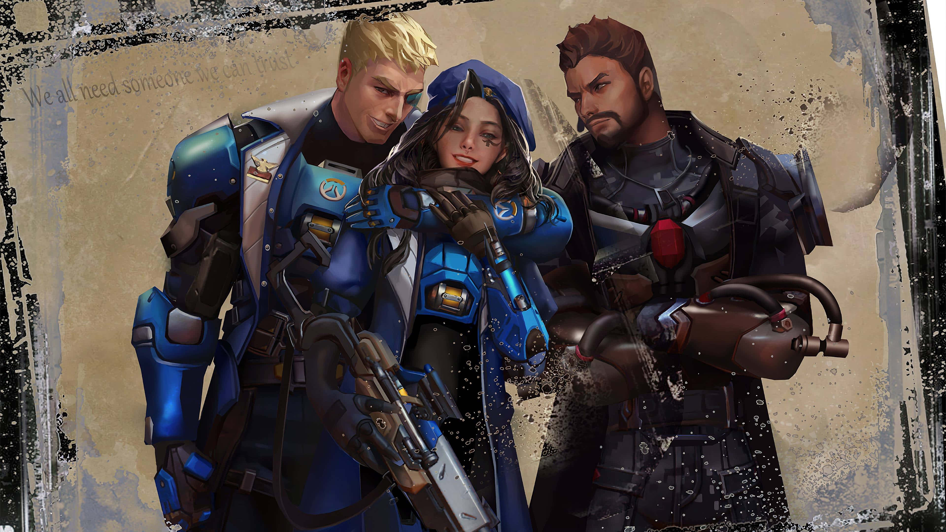 Overwatch Ana 桌布 壁紙 — 三位身穿裝甲的《鬥陣特攻》英雄站在一個粗糙、有紋理的框架中，上方有一句引言。