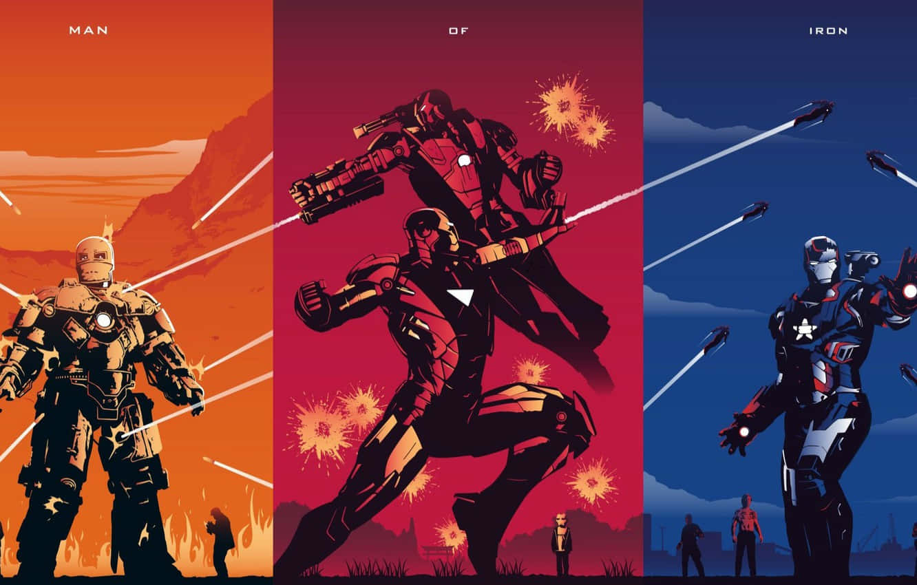 Iron Man Fan Art 桌布 壁紙 — 三位身穿裝甲的英雄以動態姿勢站在火紅橙色和深藍色背景前，伴隨著爆炸和飛行的投射物。