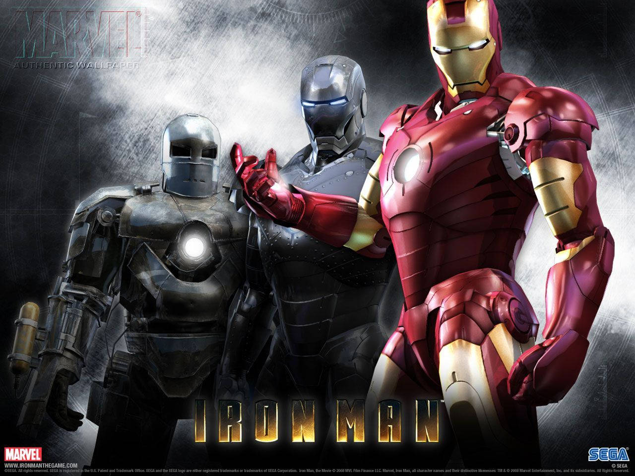 Iron Man Mark 3 桌布 壁紙 — 三位身穿裝甲的英雄在煙霧瀰漫的黑暗背景下，以戲劇性的姿勢站立，胸前發出光芒。