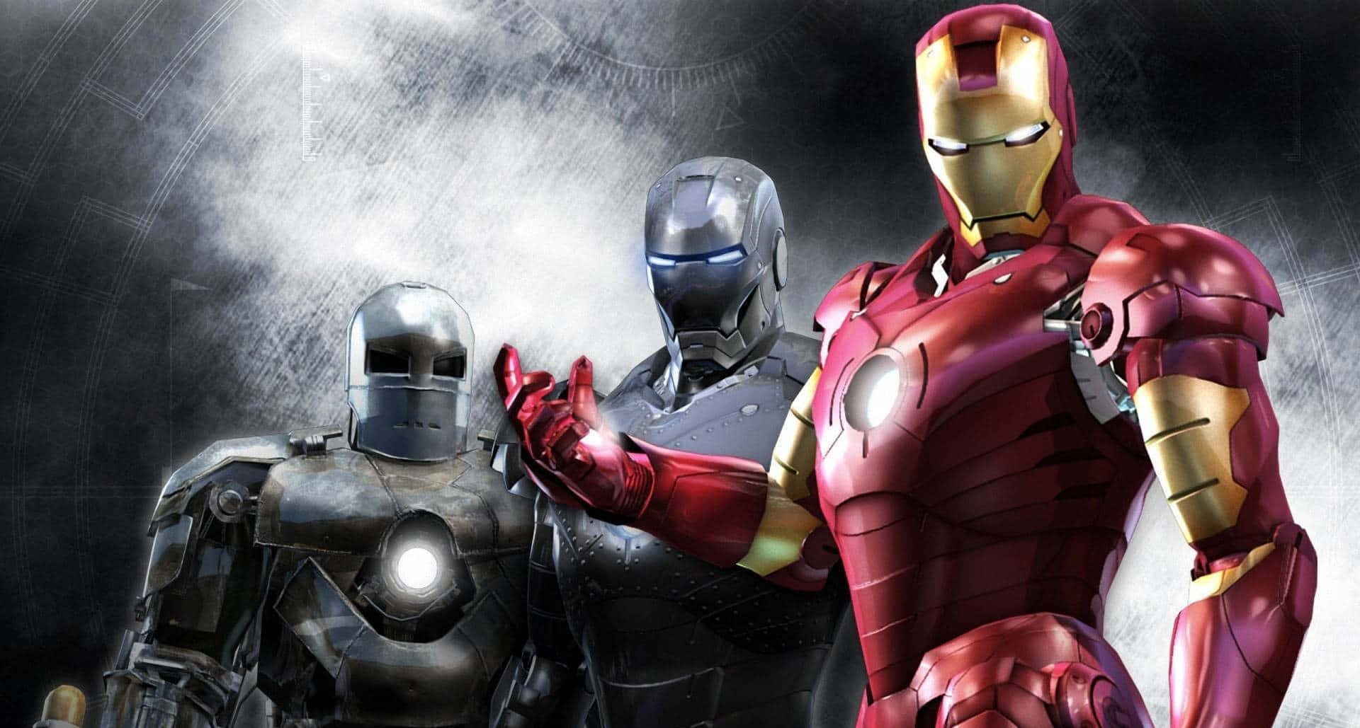 Iron Man Suit 桌布 壁紙 — 三位身穿裝甲的超級英雄以戲劇性的姿勢站立，背景是煙霧瀰漫的黑暗和發光的燈光。