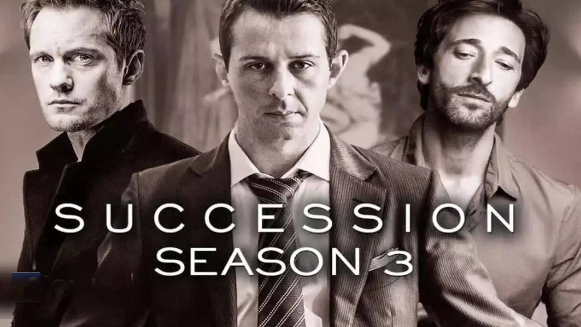 Succession 桌布 壁紙 — 三位身穿西裝的男子在柔和背景前，帶著「Succession Season 3」文字，凝視鏡頭。