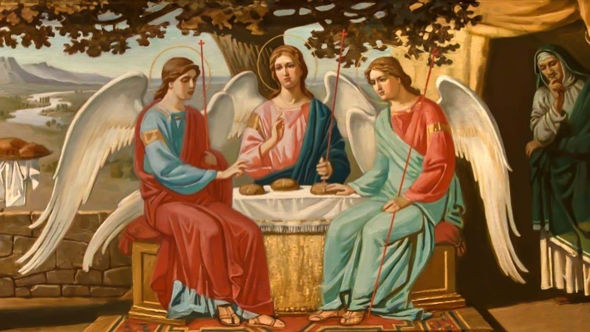 Holy Trinity 桌布 壁紙 — 三位身穿飄逸長袍、長有白色翅膀的天使聚集在樹下的桌子旁分享麵包，一位女子從旁觀看。
