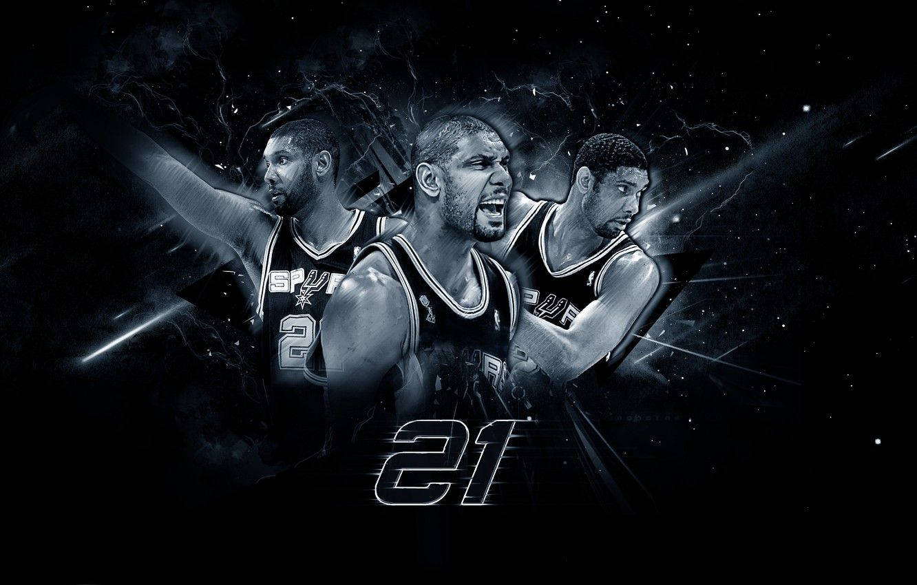 Tim Duncan 桌布 壁紙 — 三位身穿馬刺球衣的激烈籃球運動員從宇宙能量中出現，下方有發光的21號。