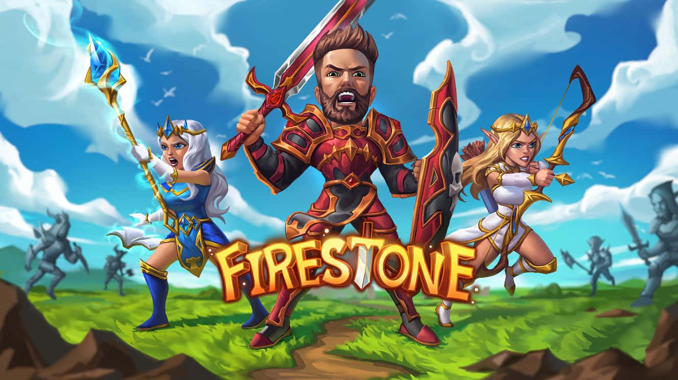 Online Gaming 桌布 壁紙 — 三位身穿鮮豔盔甲的英勇奇幻戰士在明亮的藍天下與怪物般的敵人作戰。