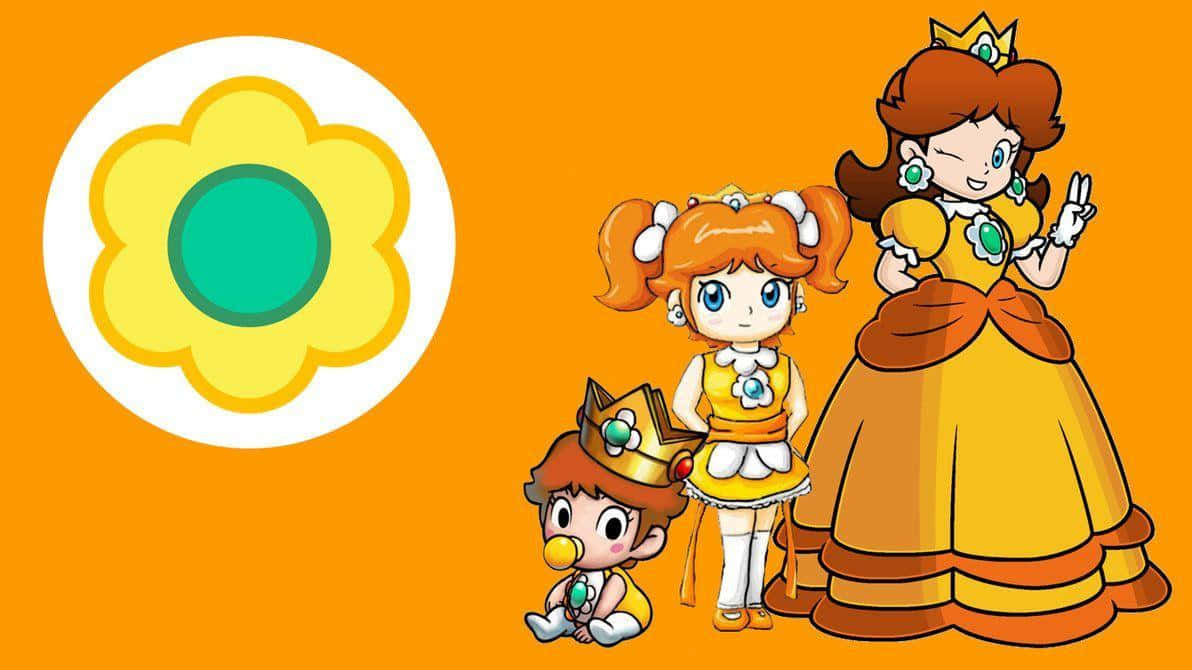Princess Daisy 桌布 壁紙 — 三位身穿黃色皇家服飾的歡樂卡通公主，在充滿活力的橙色背景上，於一個大型黃色花朵標誌旁擺姿勢。
