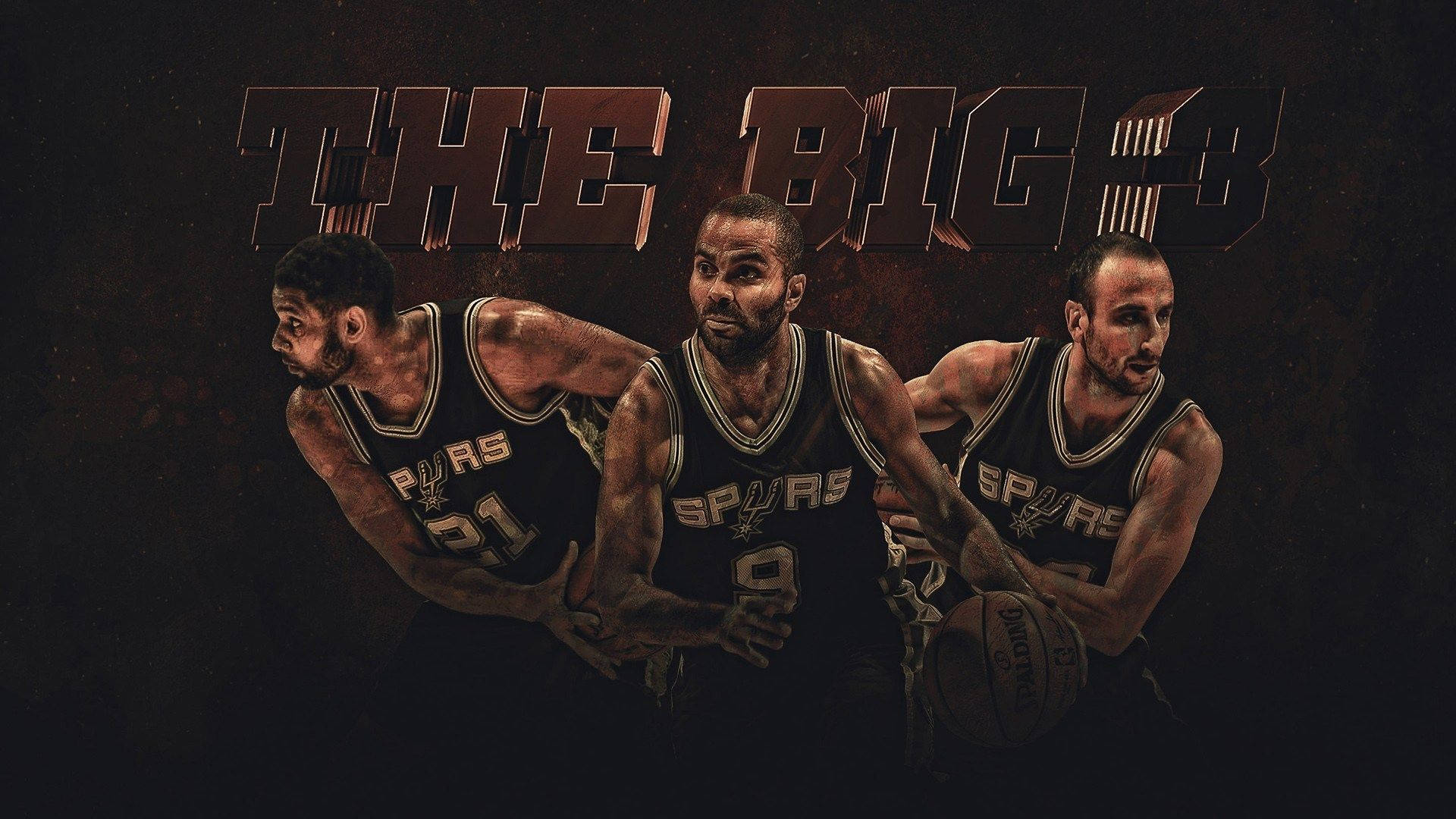 Tim Duncan 桌布 壁紙 — 三位身穿黑色球衣的聖安東尼奧馬刺隊籃球運動員在深色紋理背景上，以粗體金屬字體下動態擺姿勢。