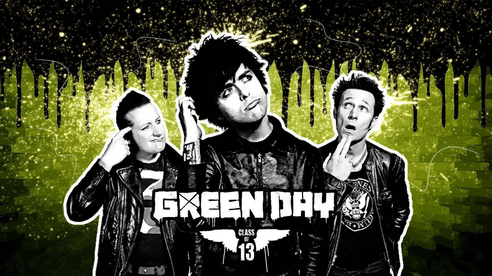 Green Day 桌布 壁紙 — 三位身穿黑色皮夾克的龐克搖滾歌手在滴落的霓虹綠色和黑色背景前擺姿勢，背景有閃爍的星星。